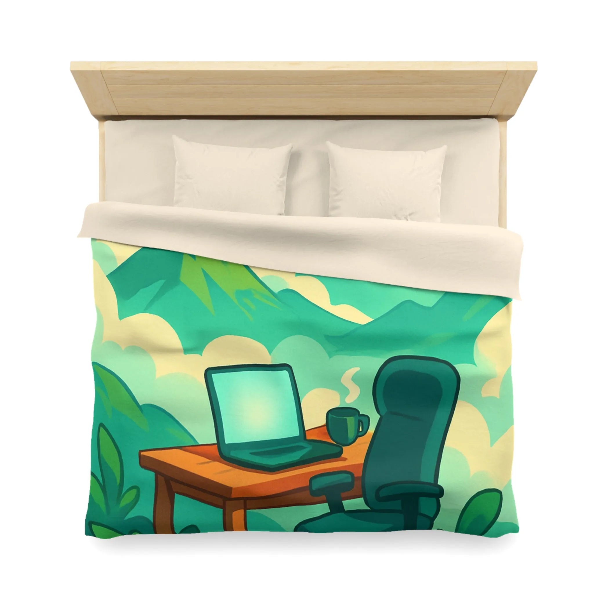 Housse de couette avec paysage de montagne, nature verdoyante, bureau et ciel serein
