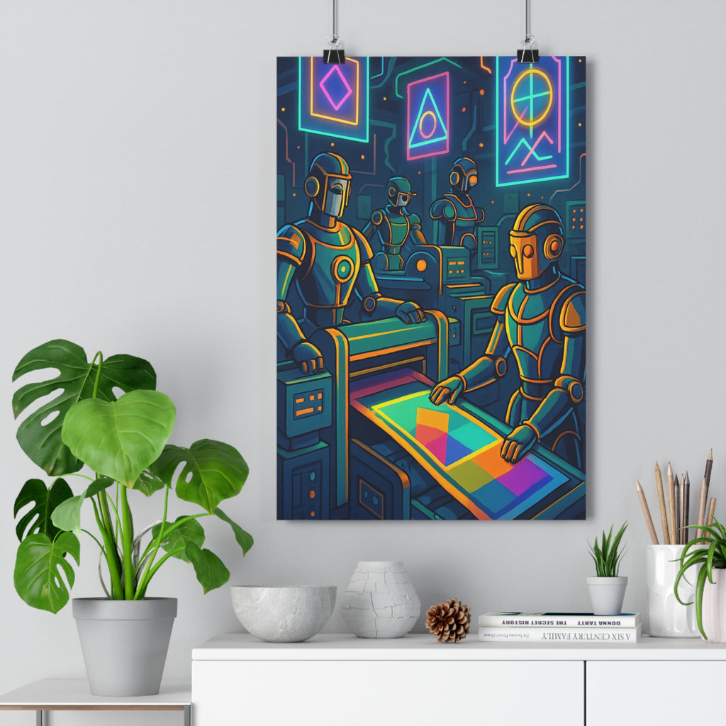 Poster décoratif futuriste robots cyberpunk néon bleu rose jaune moderne salon chambre bureau ambiance