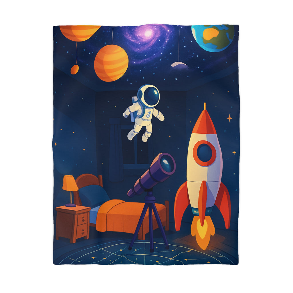 Housse de Couette Spatiale Enfant avec Astronaute Fusée et Planètes Colorées