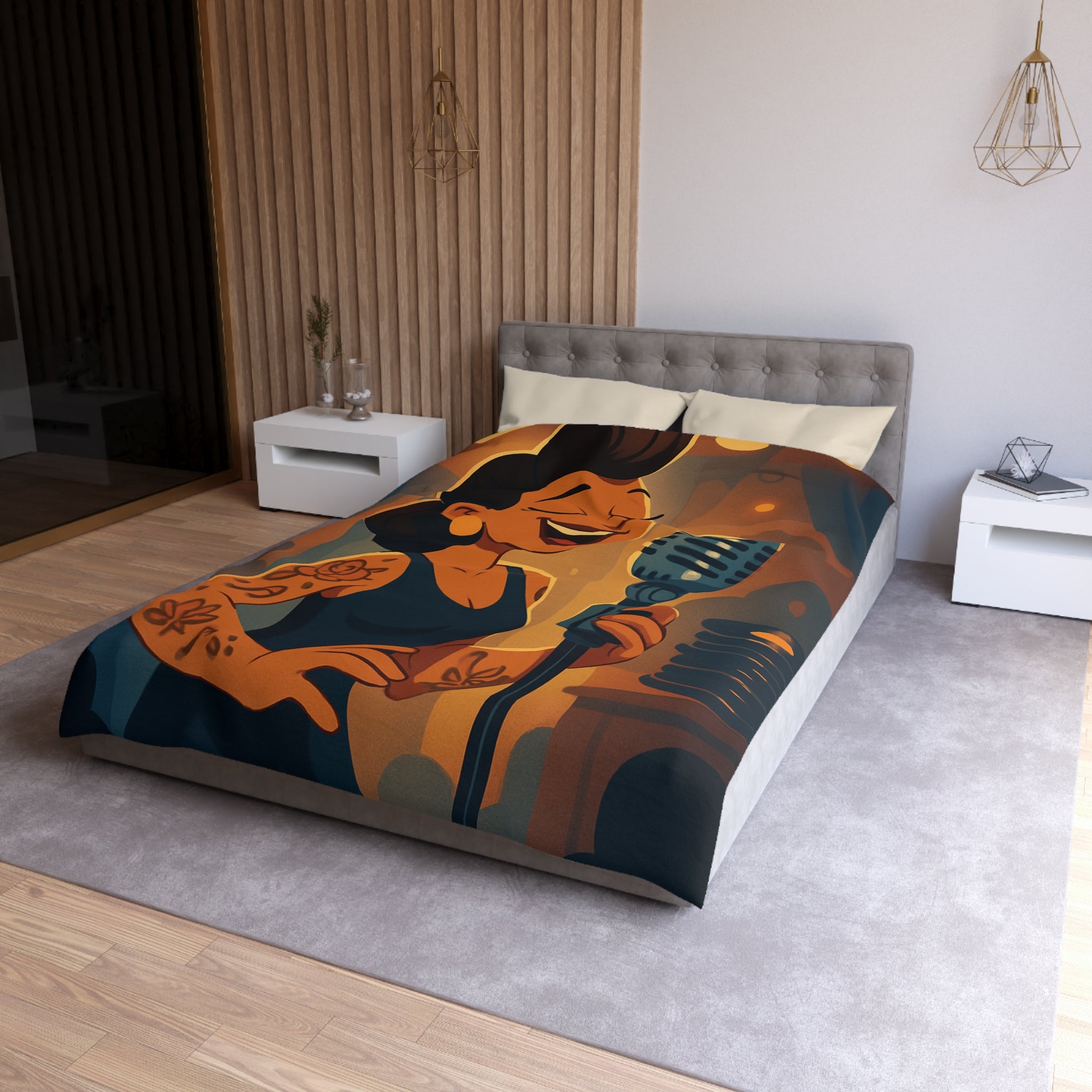 Housse de couette rétro avec chanteuse tatouée sous lumière vintage et micro classique