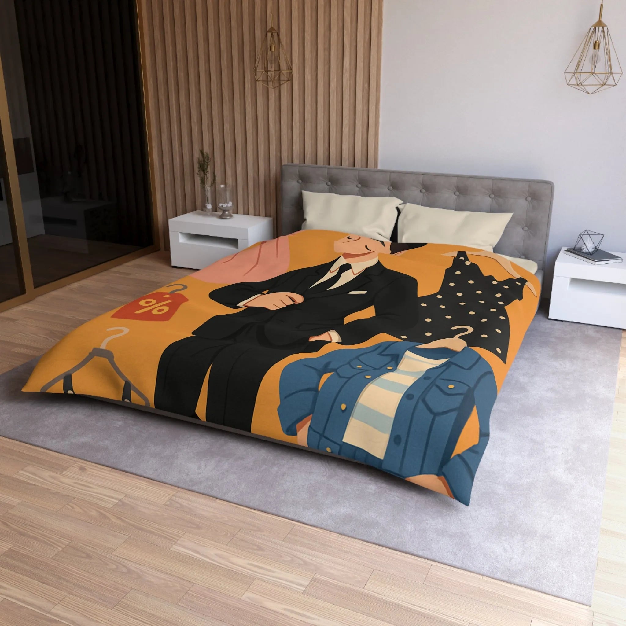 Housse de couette élégante motif magasin de vêtements homme noir et tenues rétro