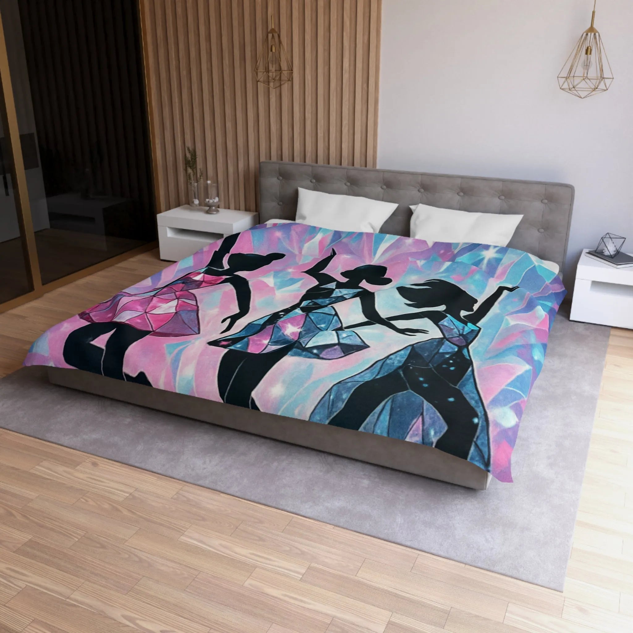 Élégantes silhouettes de danseuses avec motifs géométriques sur fond cristallin scintillant