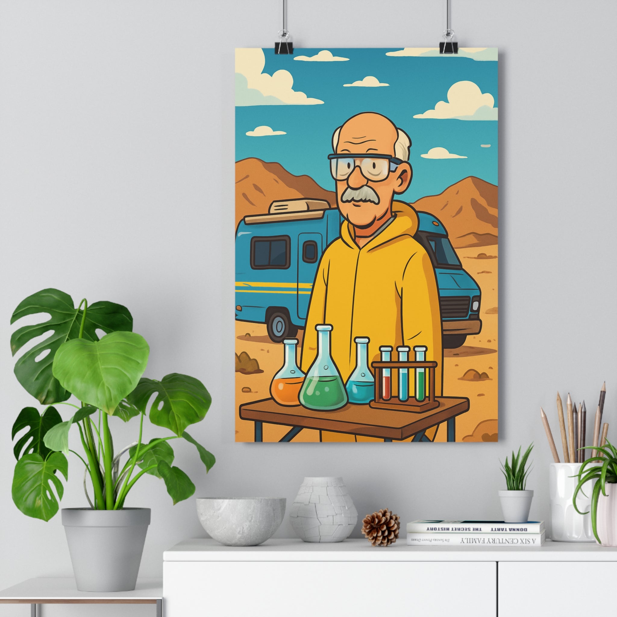 Poster décoratif jaune bleu cartoon moderne salon chambre dynamique désert montagne lunettes laboratoire aventures