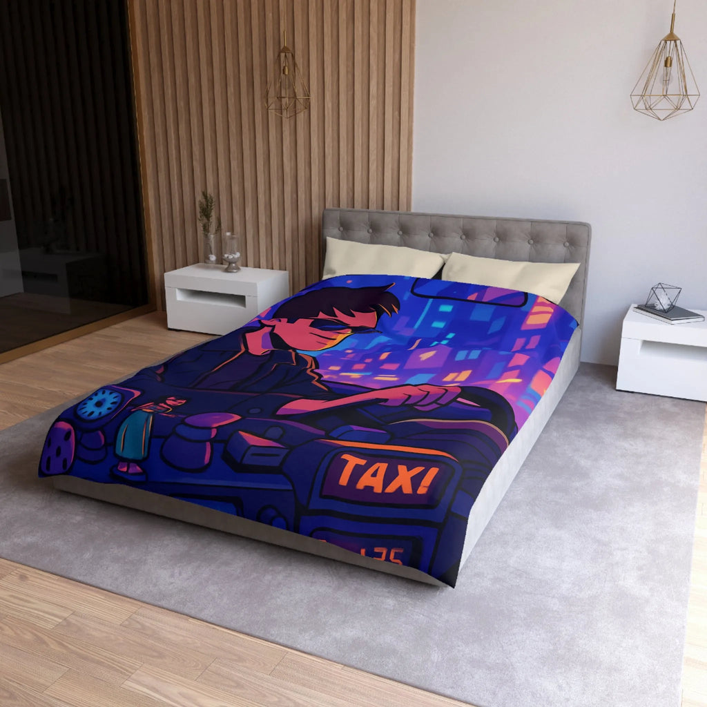 Housse de couette avec illustration rétro taxi urbain style néon pour chambre moderne