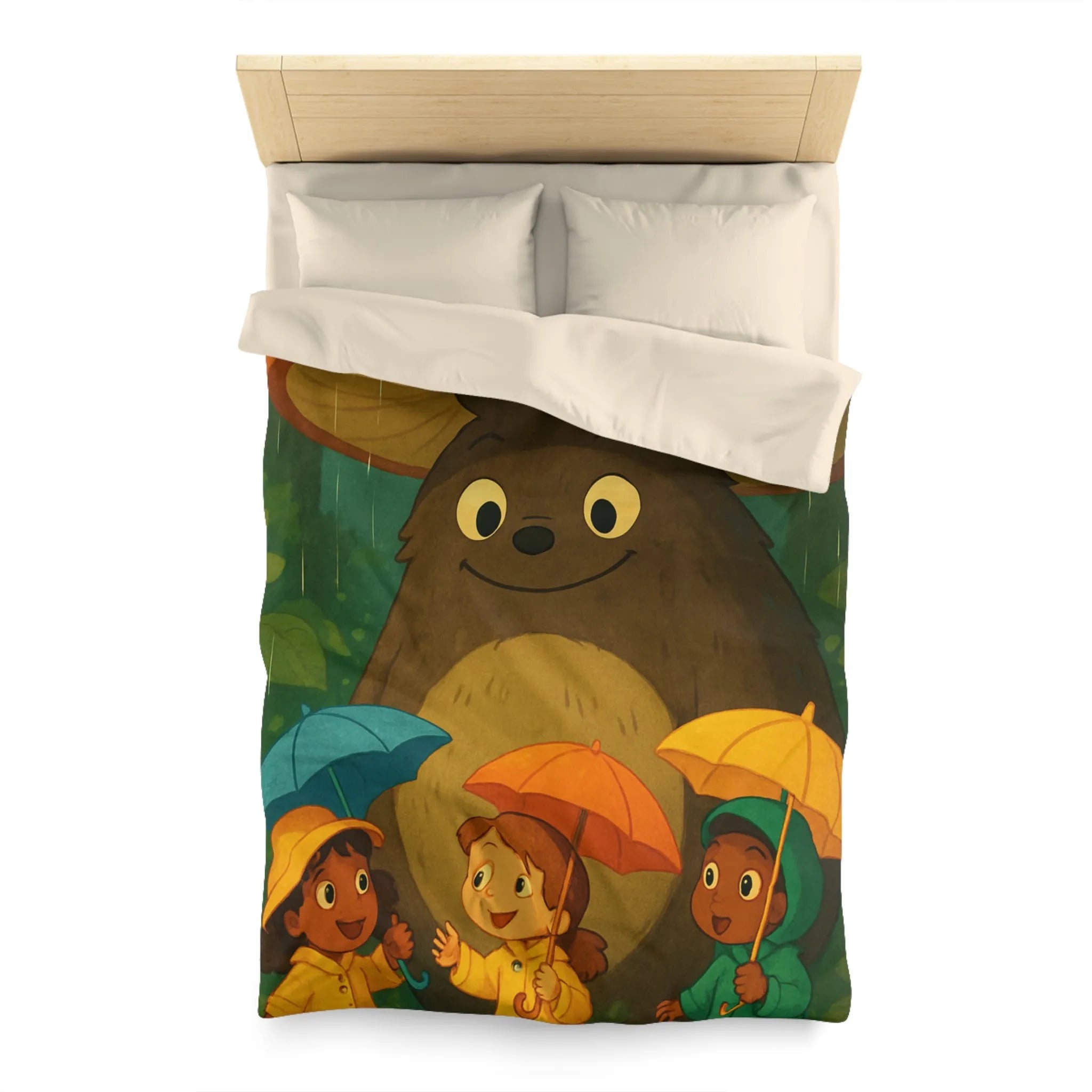 Housse de couette enfant avec ours sous champignon et enfants joyeux en forêt