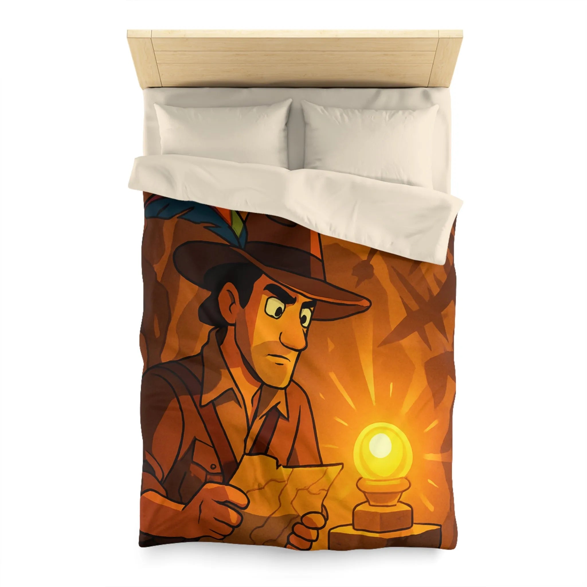 Housse de couette exploration mystérieuse avec lumière dorée et carte ancienne