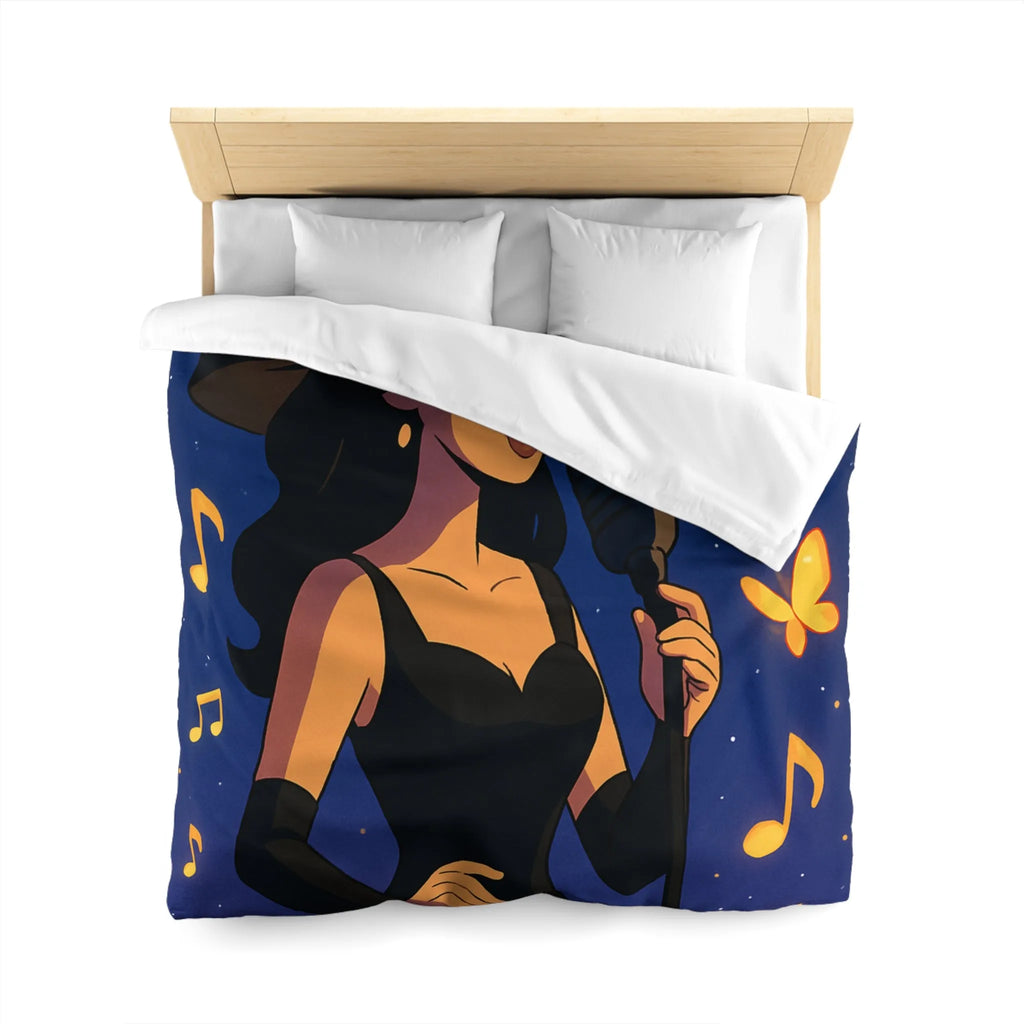 Élégant design musicien nocturne avec notes dorées et papillons sur fond étoilé bleu