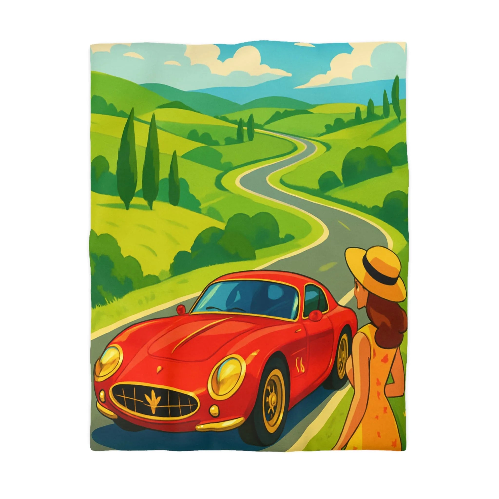 Housse de Couette Colorée avec Paysage Champêtre, Route Sinueuse et Voiture Rouge