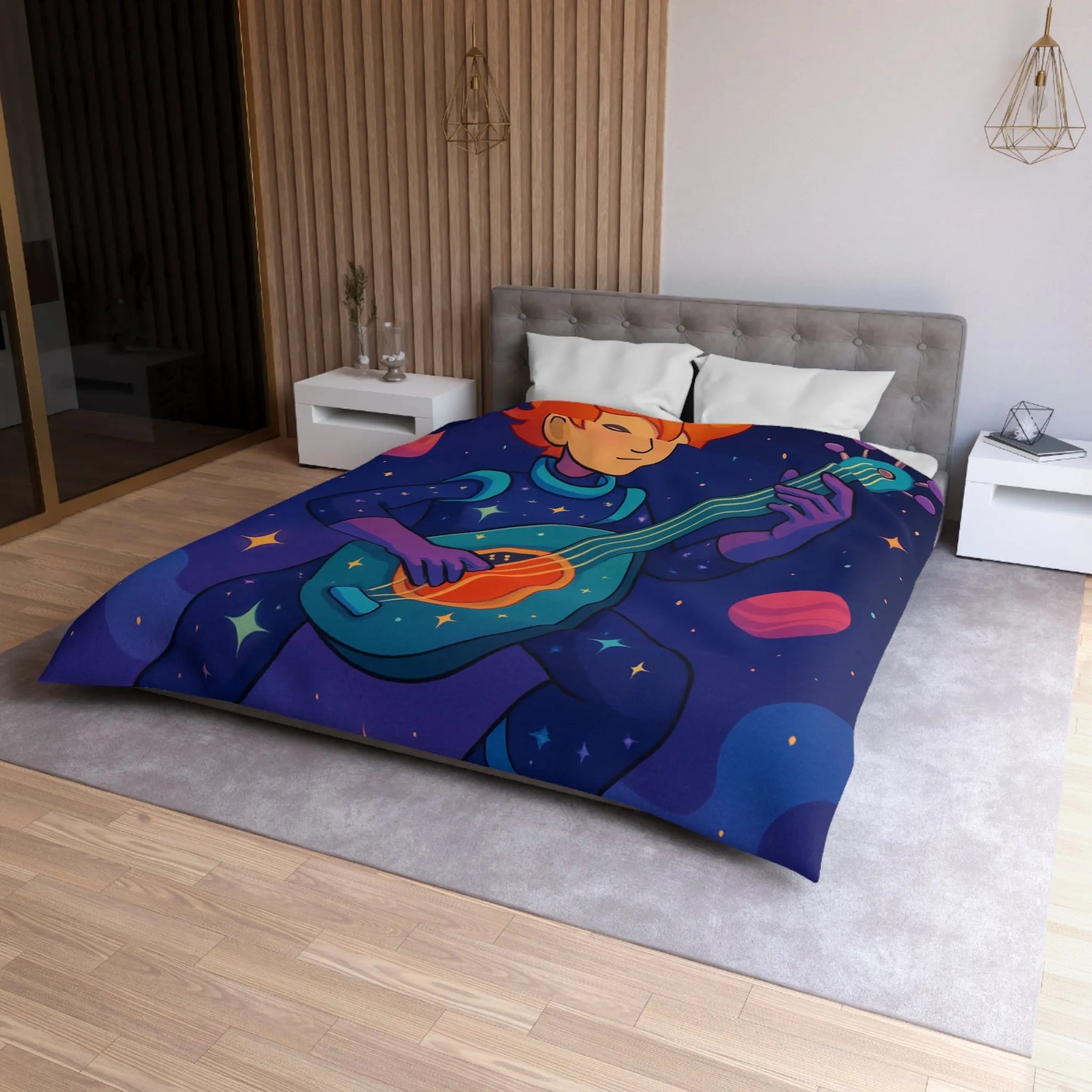 Housse de couette artistique espace avec musicien, planètes et comète colorée