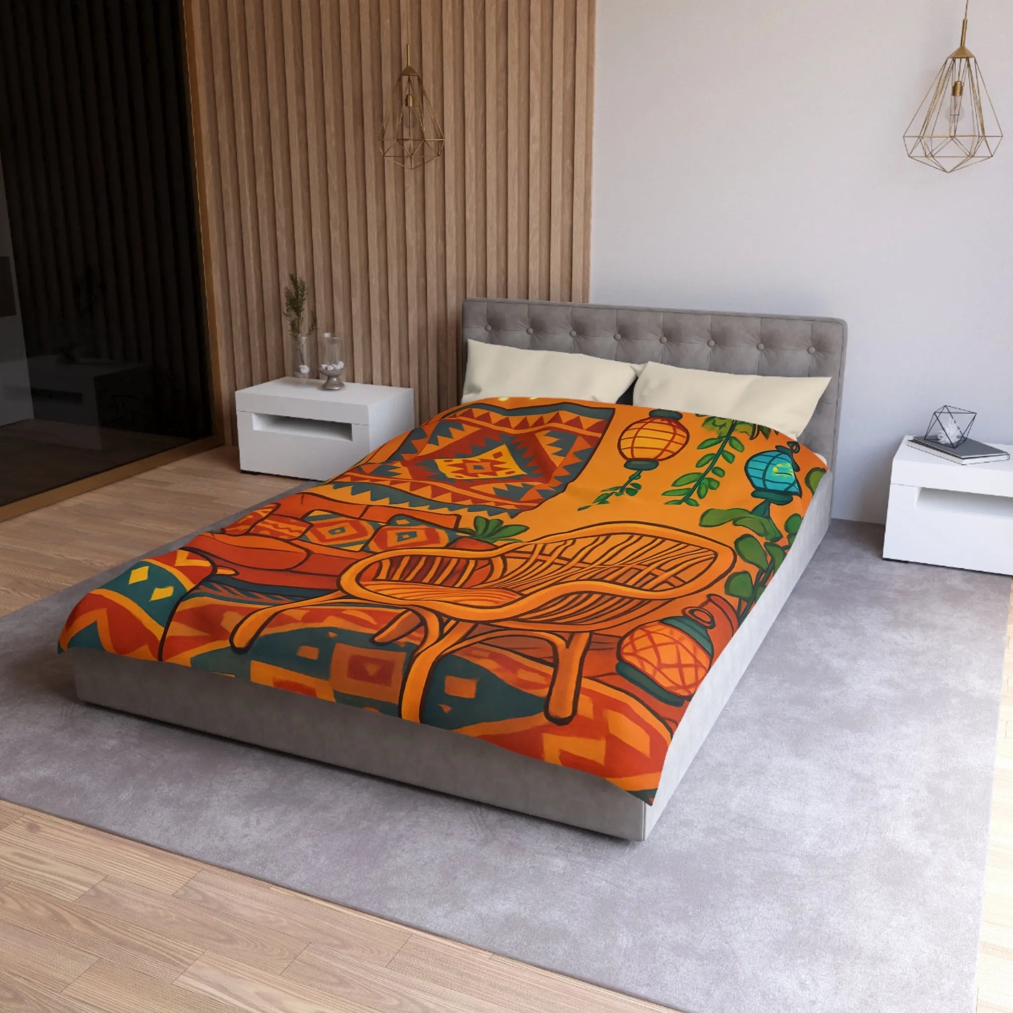 Housse de Couette aux Motifs Géométriques Bohèmes avec Tons Oranges et Bleus Éclatants