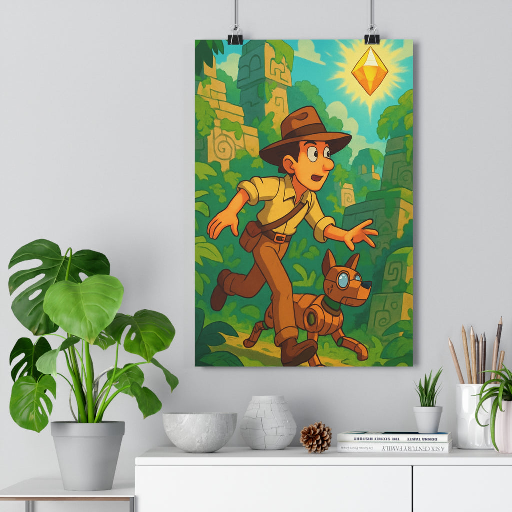 Poster décoratif aventure vert jungle mystique explorateur cristal salon chambre moderne vibrant qualité luxuriante