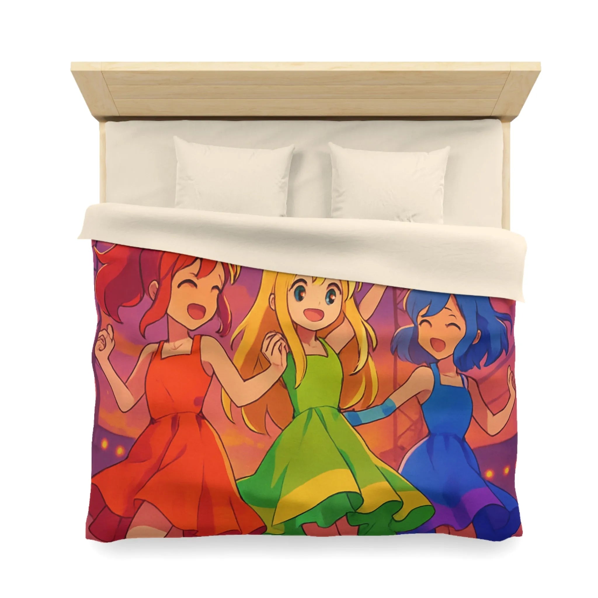 Housse de Couette Colorée avec Trois Amies Dansant sur une Scène Éclairée de Nuit