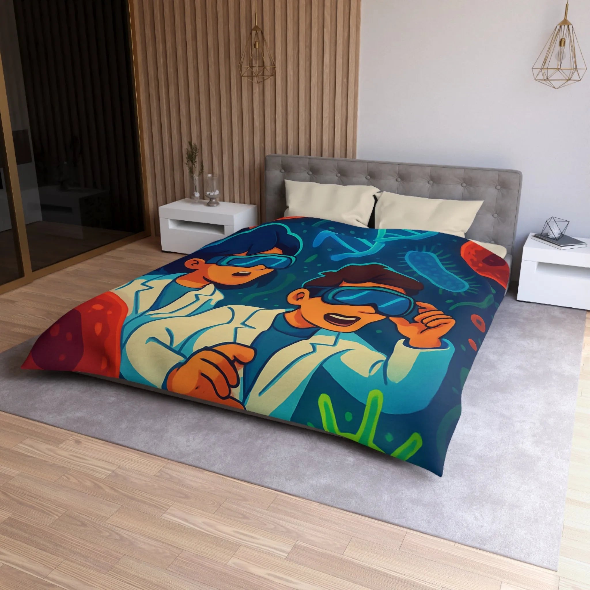 Drap housse scientifique ludique avec chercheurs et microbes éclatants en couleurs vibrantes et vives