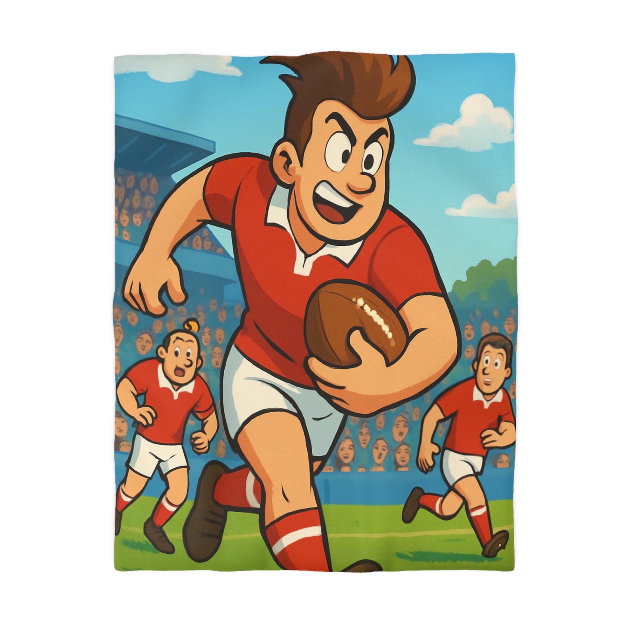 Housse de couette rugby dynamique en rouge et blanc pour chambre d'enfant sportive