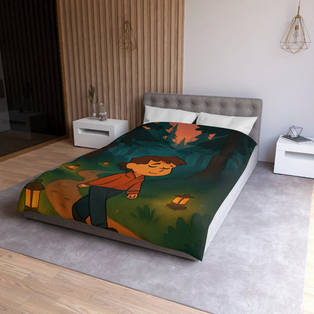 Housse de couette enfantine avec décor paisible de forêt au crépuscule pleine de lanternes