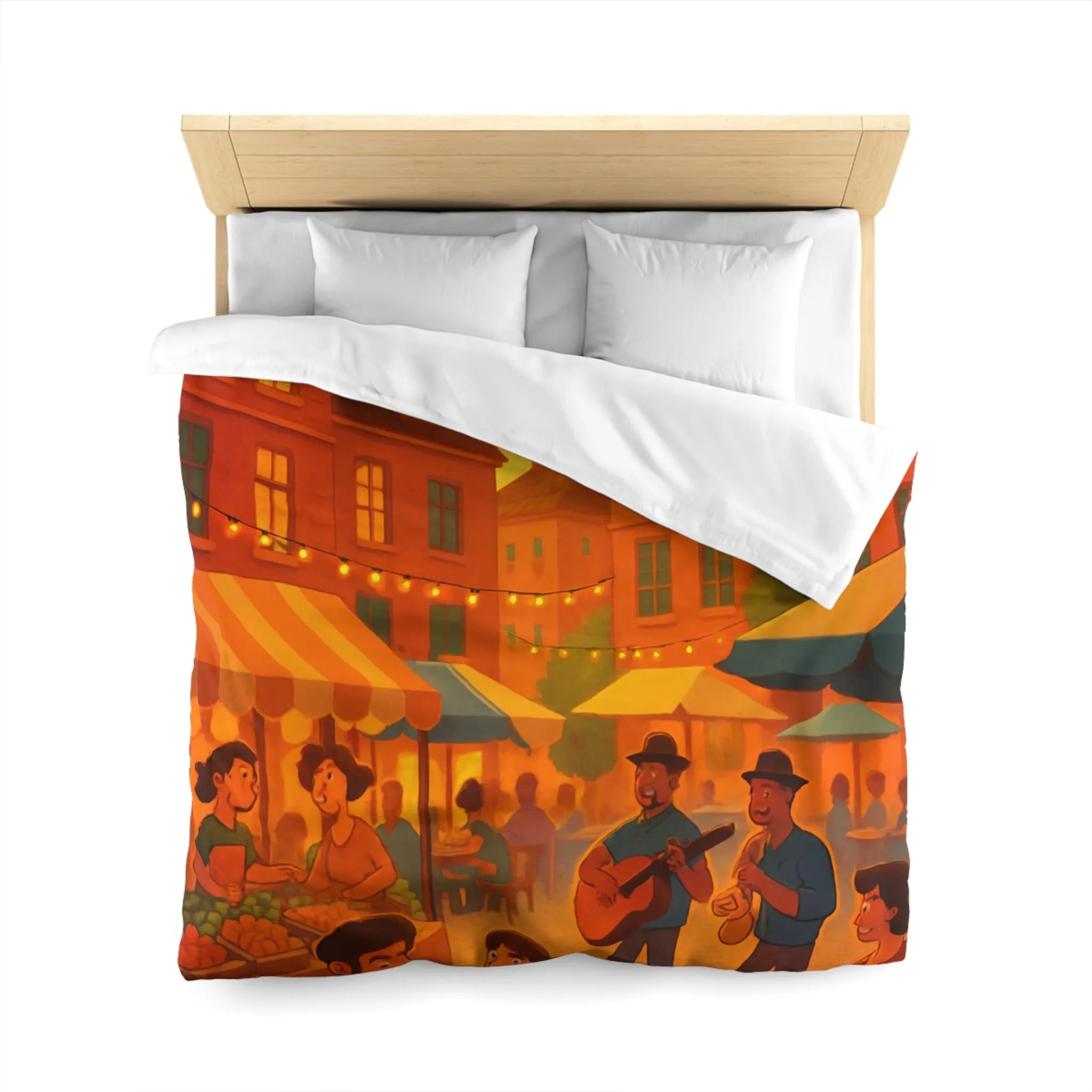 Housse de couette avec illustration de marché animé au coucher de soleil vibrant