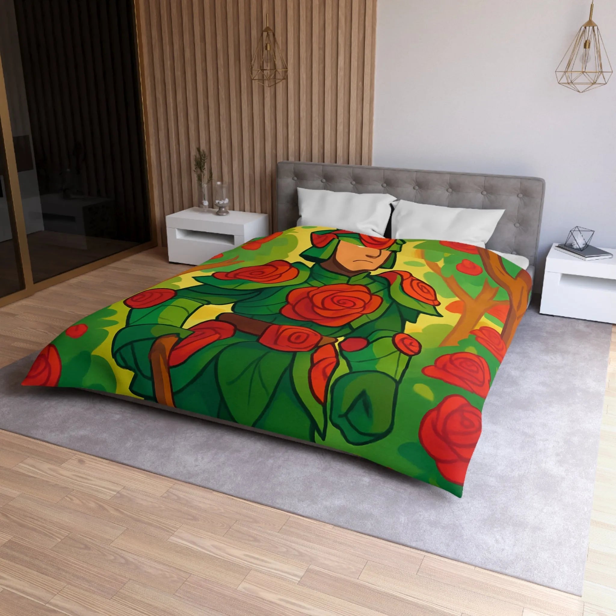 Housse de couette au design chevalier floral avec roses rouges et feuillage vert