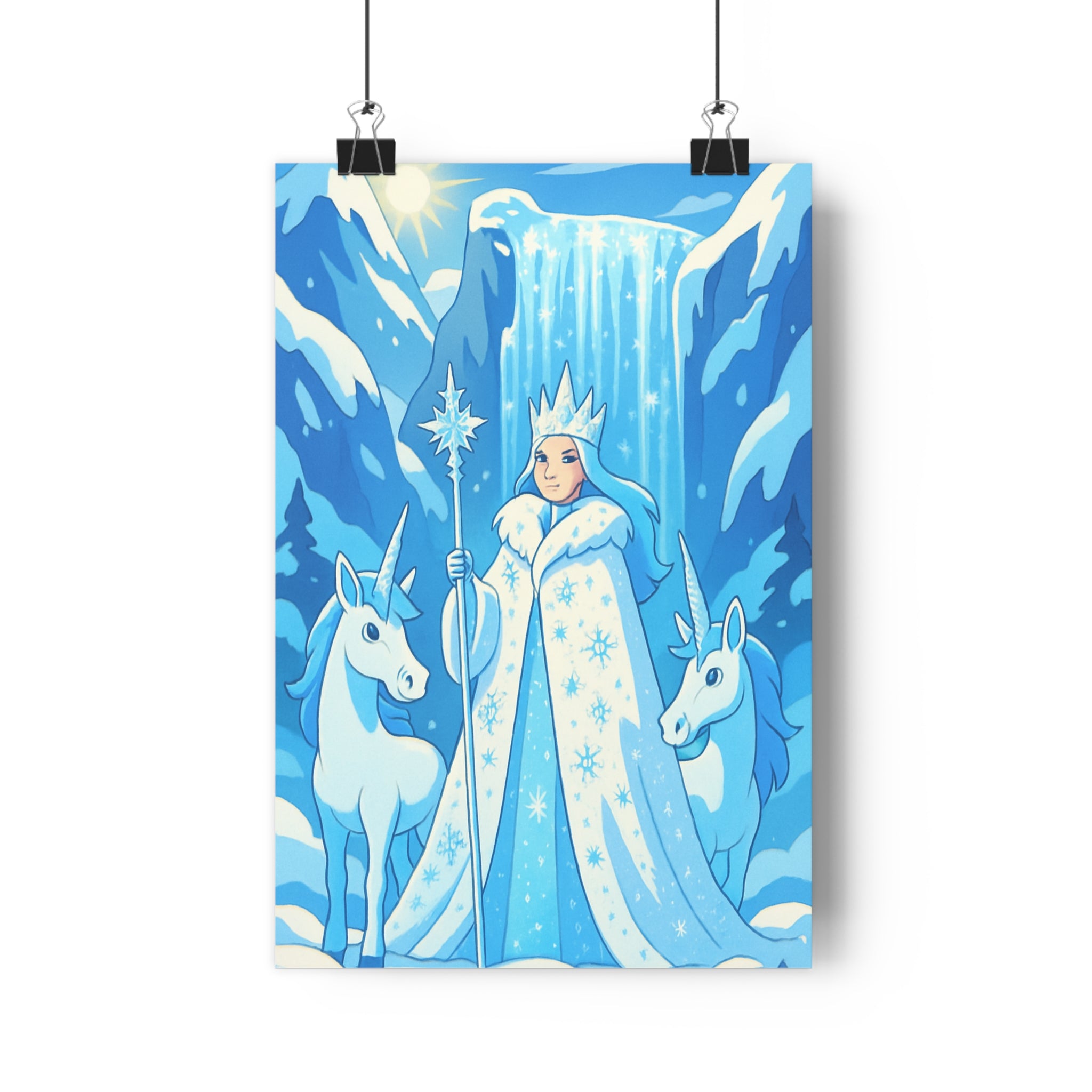 Poster décoratif peinture froid mystique chambre salon enfant magique montagne cascade reine licorne neige