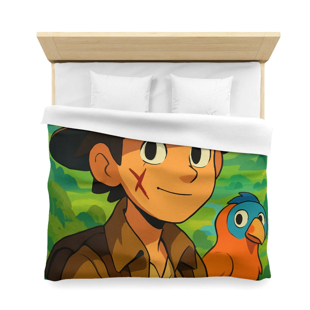 Housse de Couette Enfant Aventure Jungle avec Explorateur et Perroquet Coloré