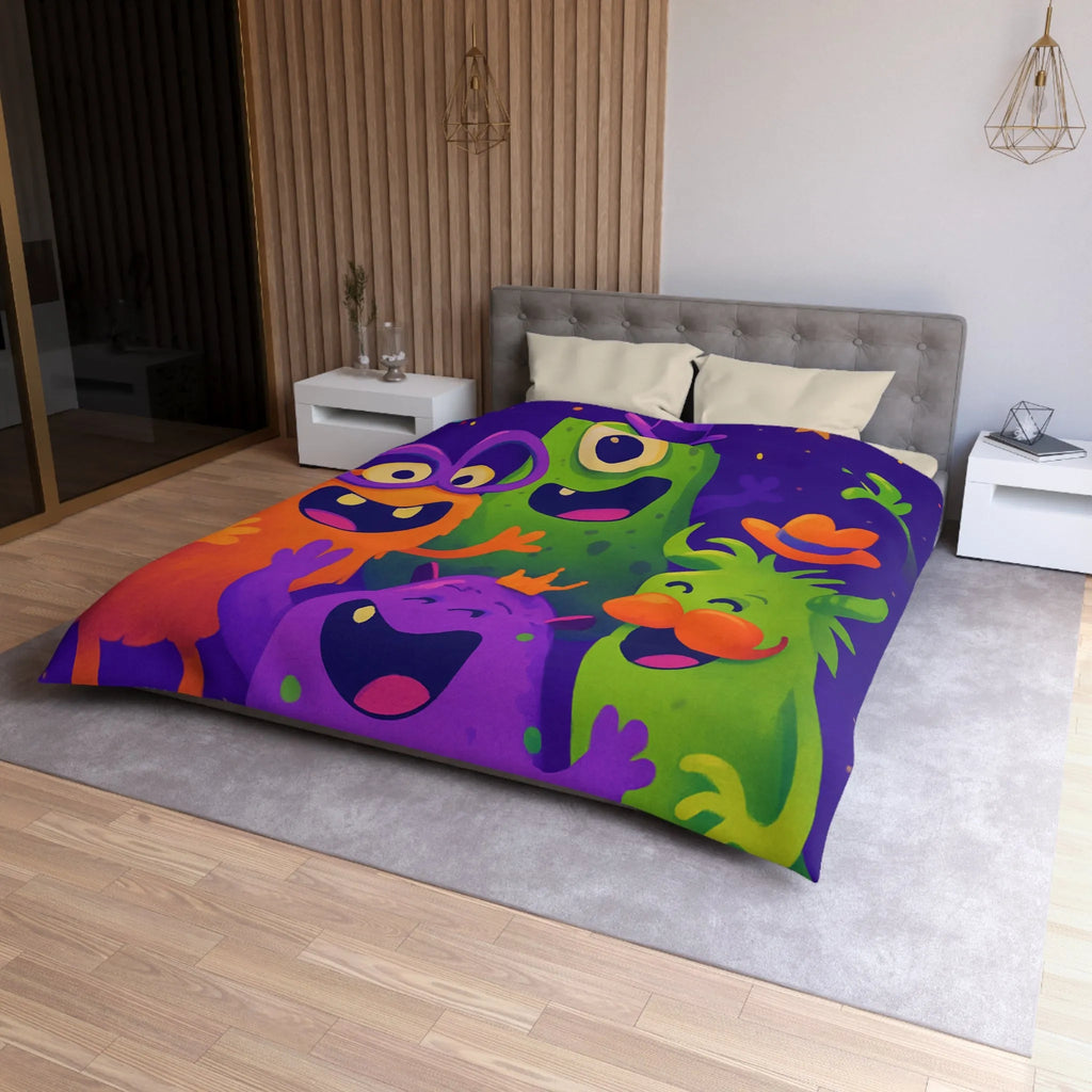 Housse de couette festive avec monstres colorés, ambiance joyeuse pour chambre d'enfant