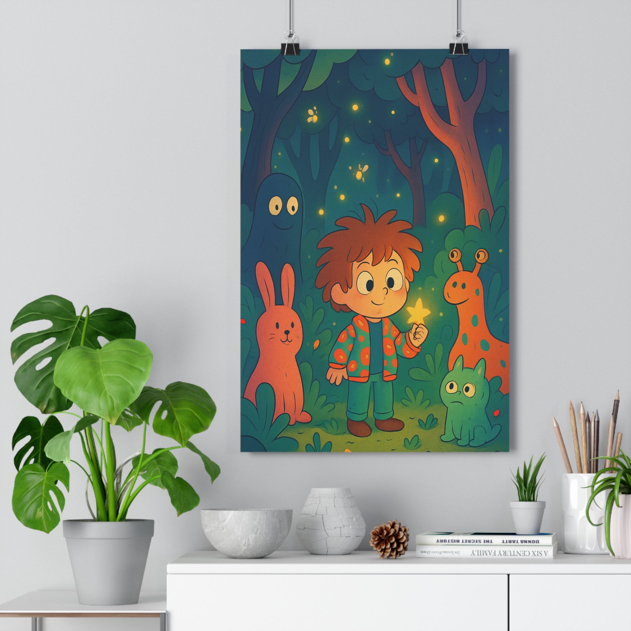 Poster décoratif enfant féerique pastel vert rose aventure créatures mystique forêt chambre illustration lumineuse