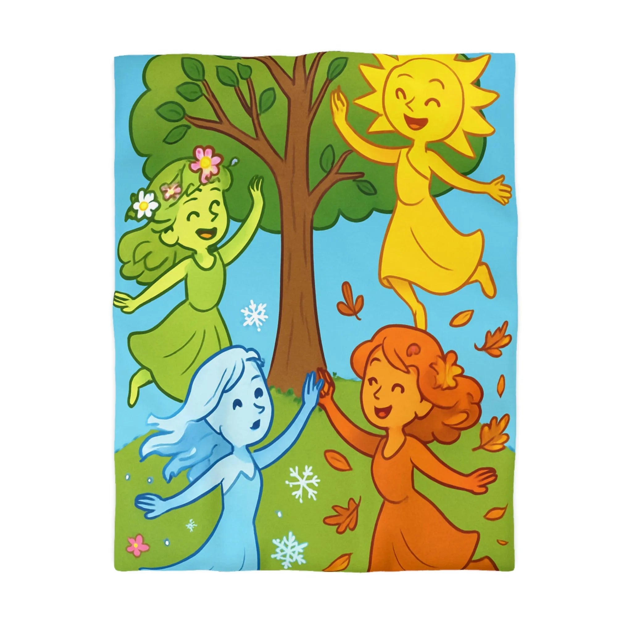 Housse de couette avec quatre saisons en couleurs vives et personnages joyeux