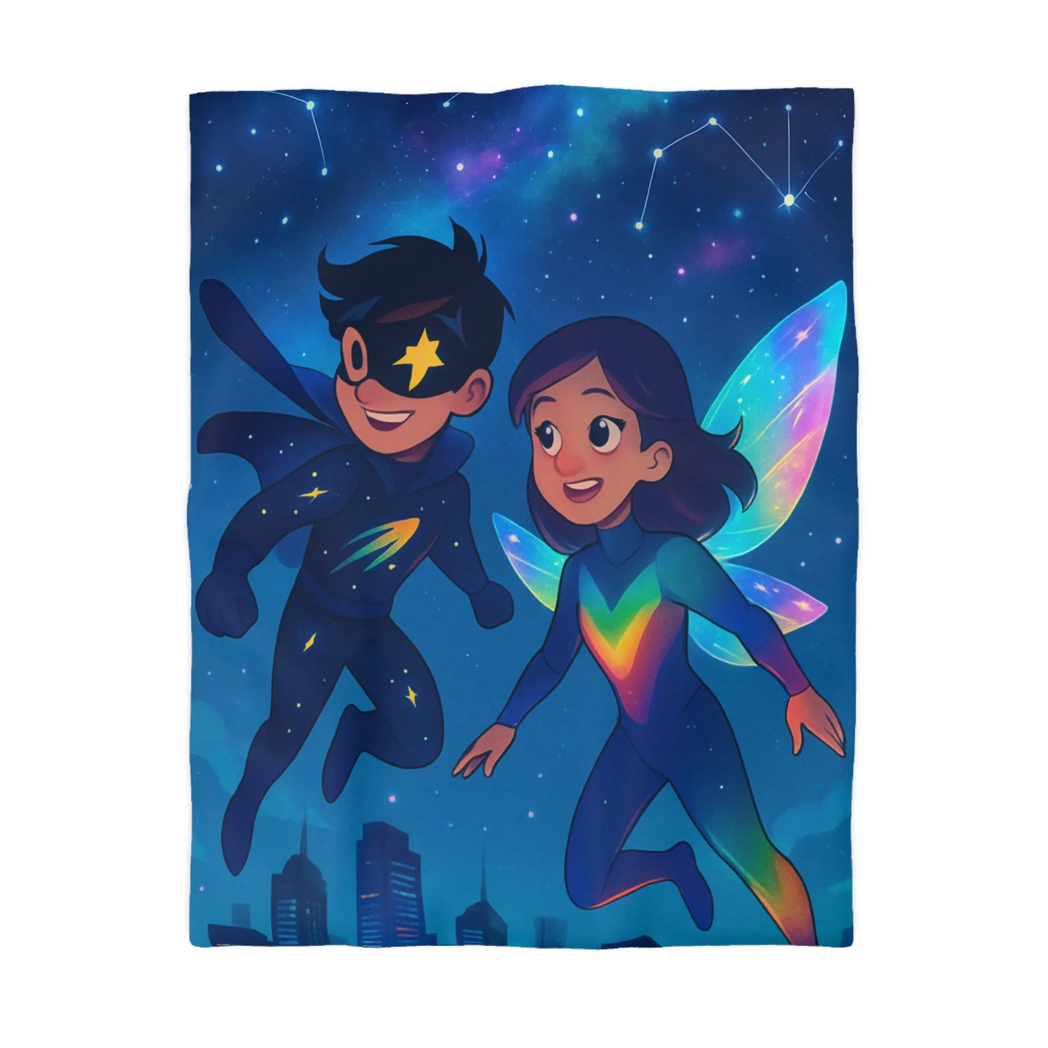 Housse de couette enfant illustrant super-héros lumineux volant au-dessus d’une ville étoilée