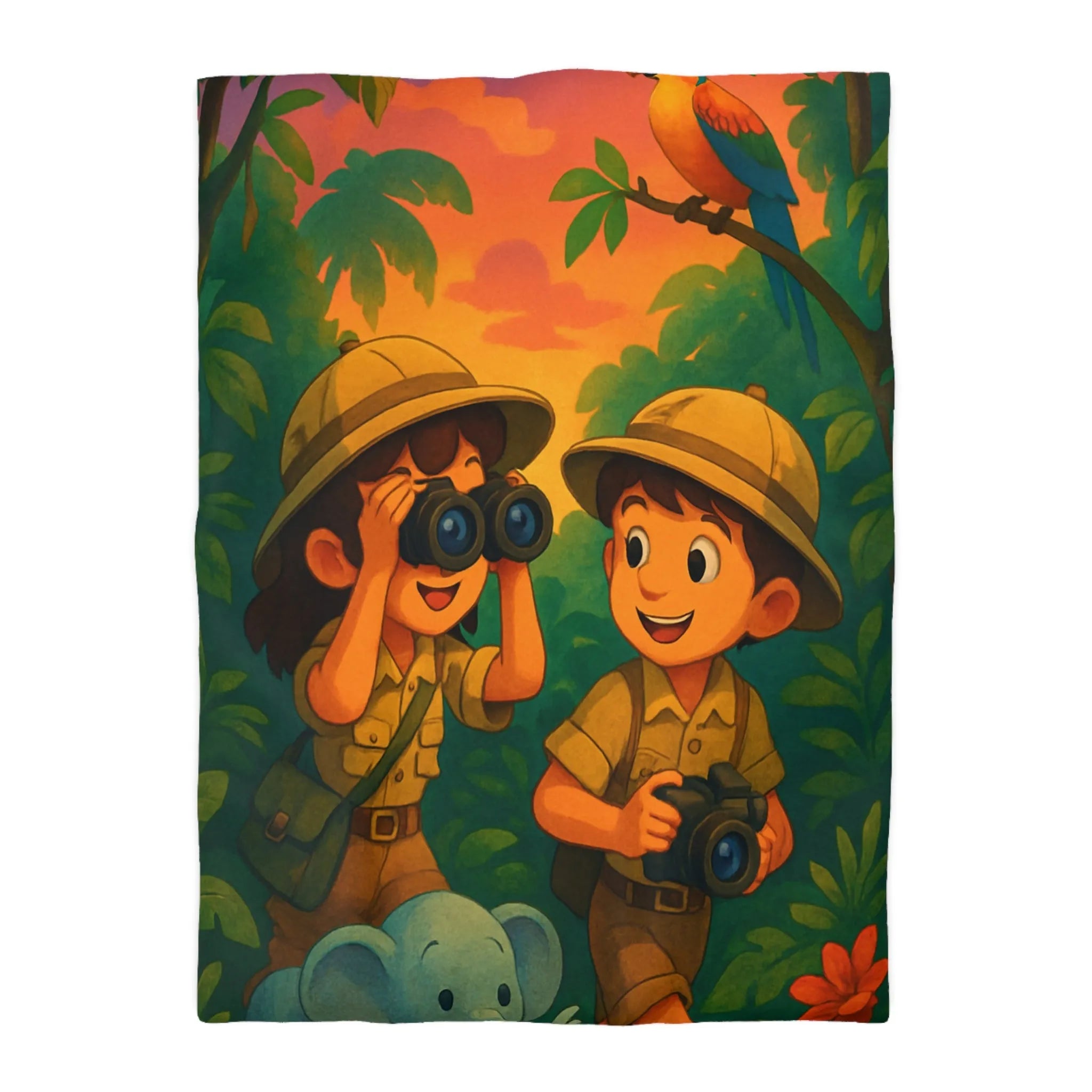 Housse de couette jungle colorée avec enfants explorateurs, perroquet et éléphant mignon