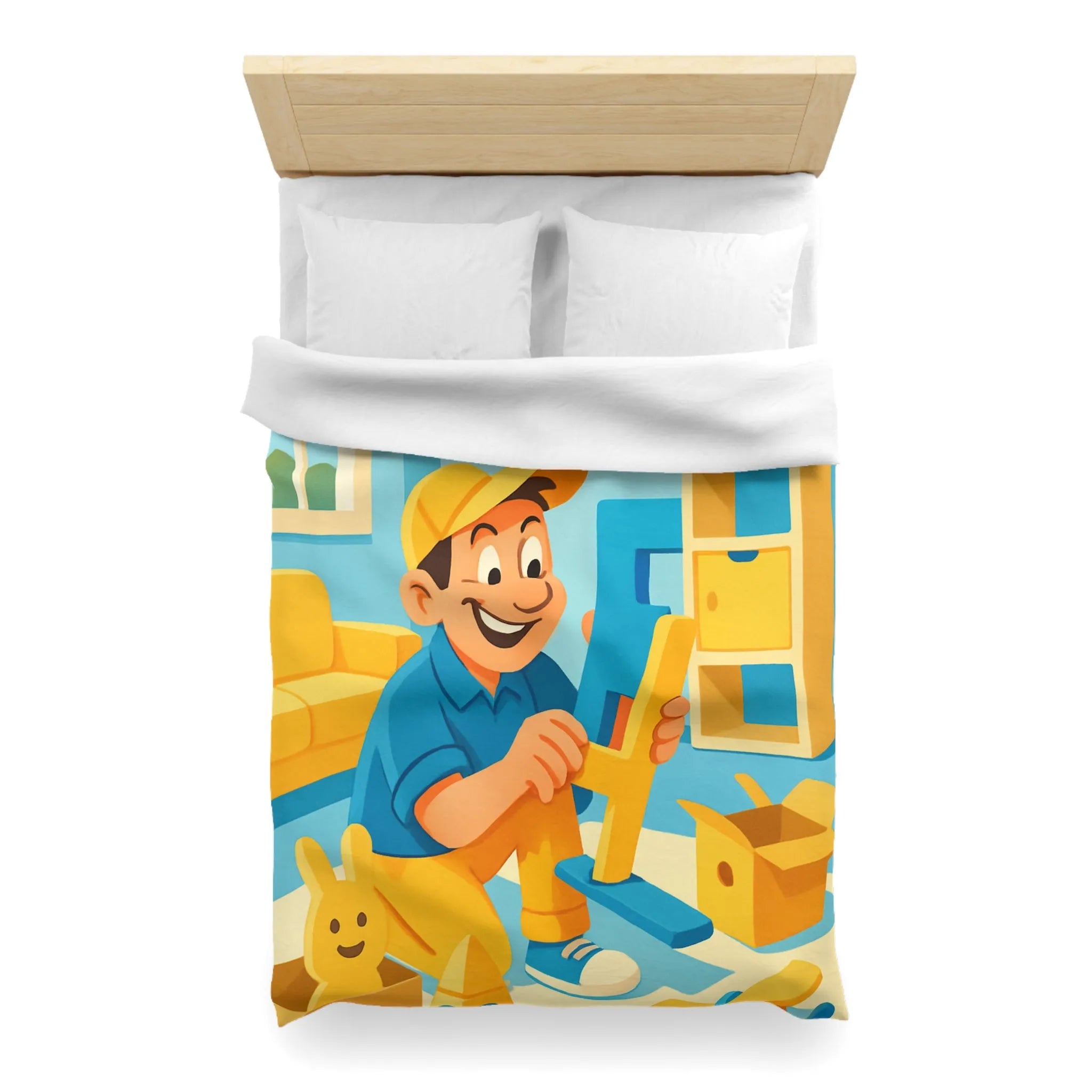 Housse de couette colorée avec personnage joyeux assemblant des jouets dans une pièce ensoleillée