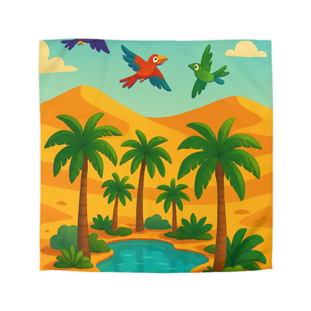 Housse de couette exotique avec palmiers, oiseaux colorés et oasis dans le désert