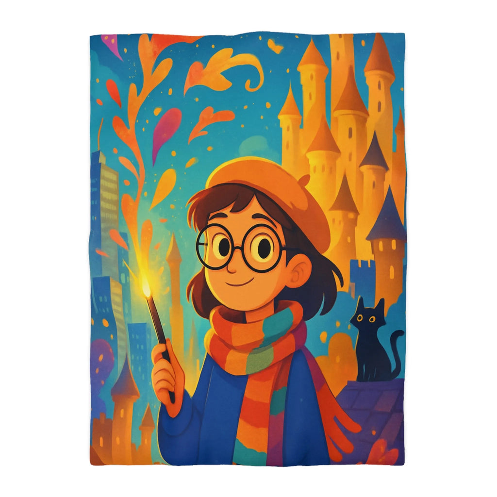 Housse de Couette Éclatante: Jeune Magicienne aux Couleurs Vives et Château Mystérieux