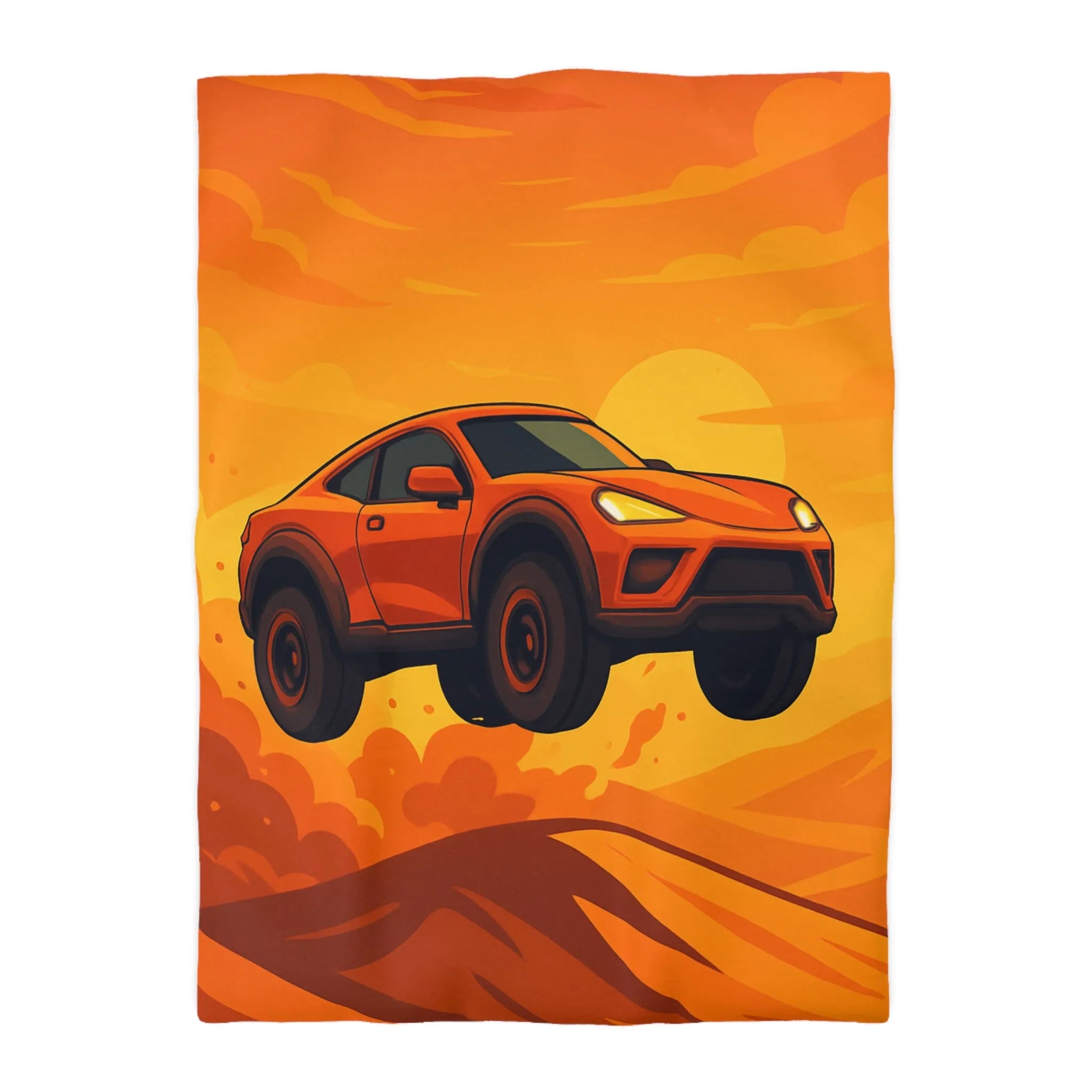 Housse de couette design voiture saut désert couleur orange coucher de soleil