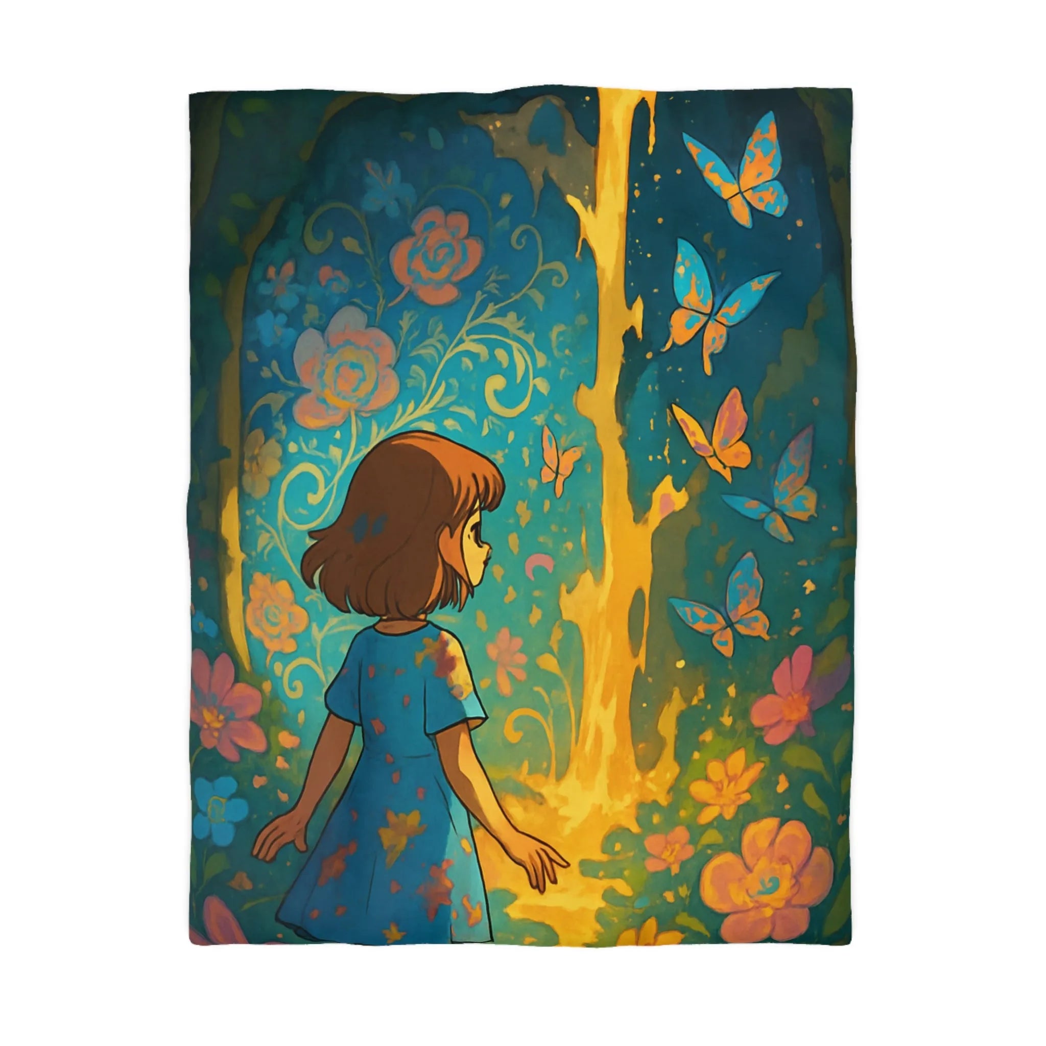 Housse de Couette Enfantine Féerique avec Papillons et Fleurs, Tons Vifs et Lumineux