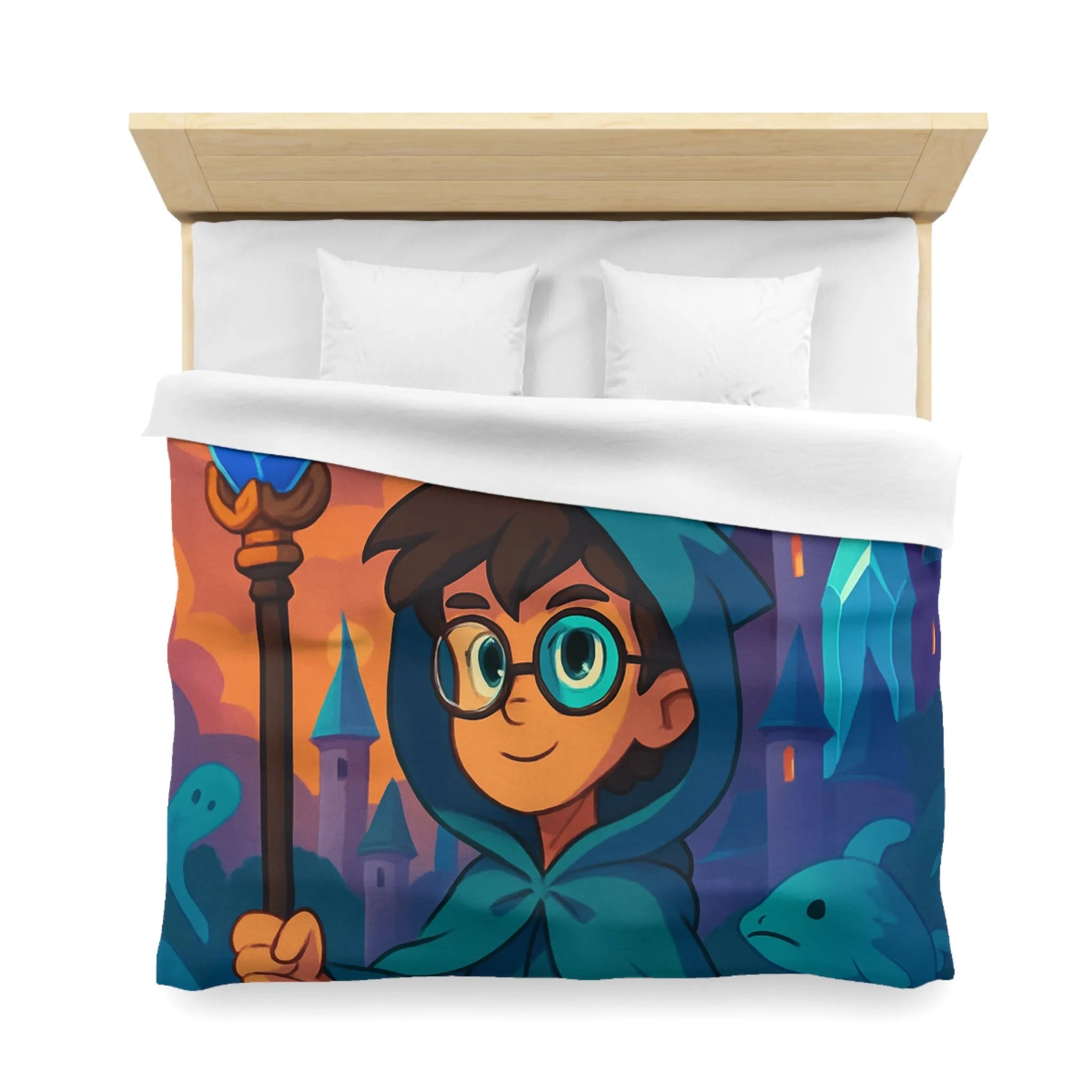 Housse de couette magie bleue fantasy avec château, sorcier et météore étincelant