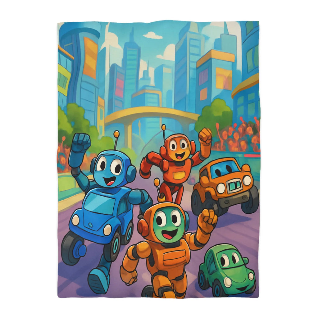 Housse de Couette Animée avec Robots Joyeux et Ville Futuriste pour Enfants