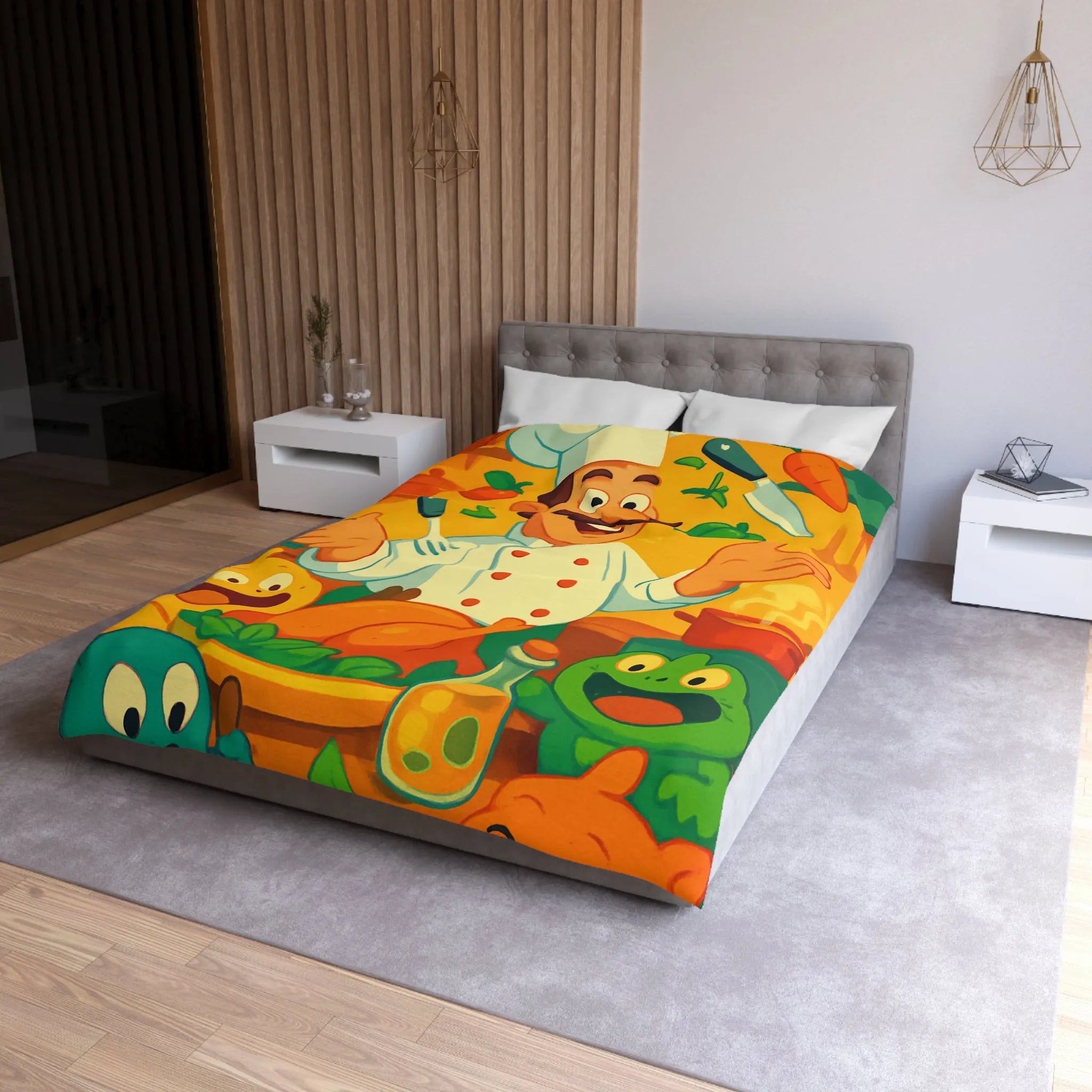 Housse de couette colorée avec chef animé, légumes et ustensiles pour enfants