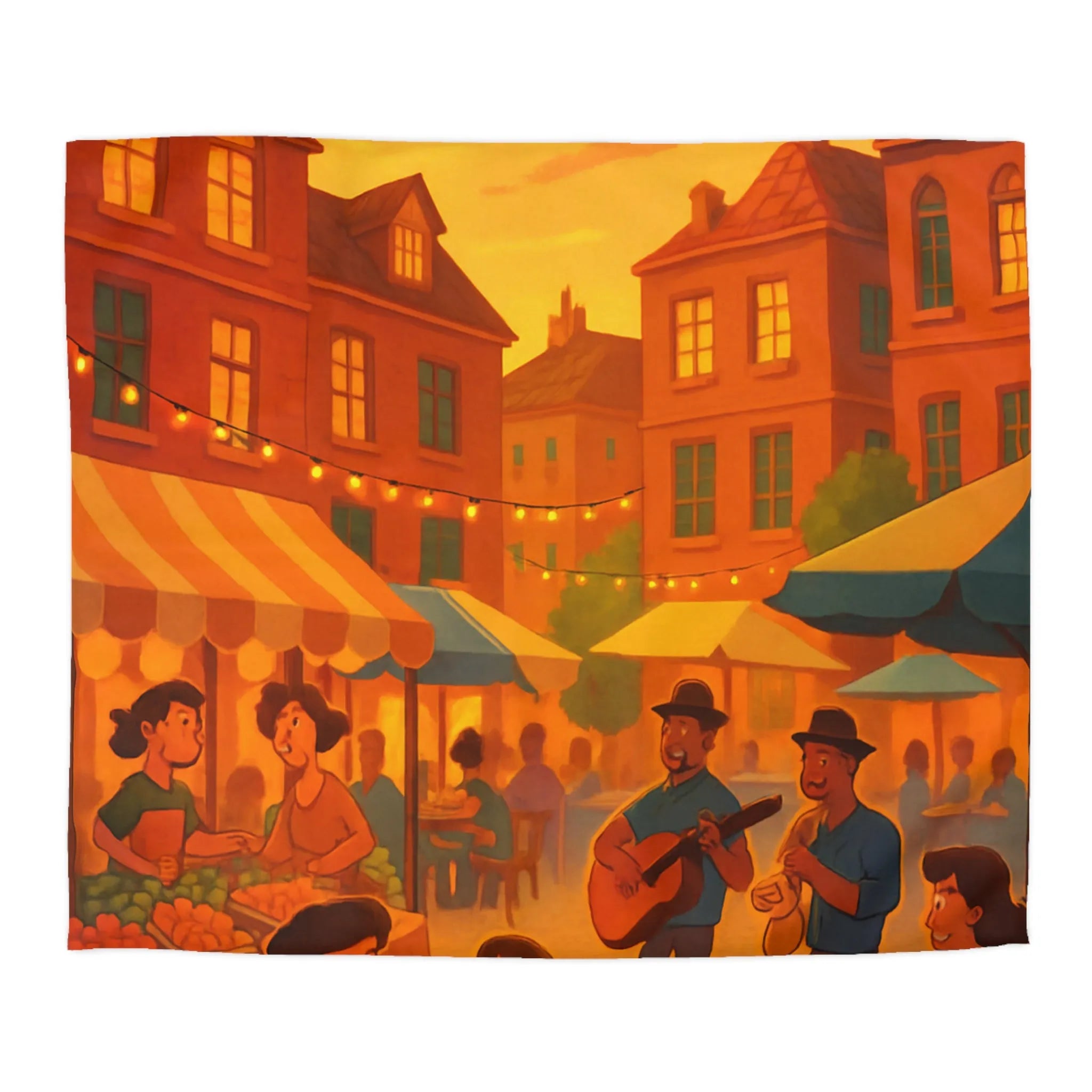 Housse de couette avec illustration de marché animé au coucher de soleil vibrant