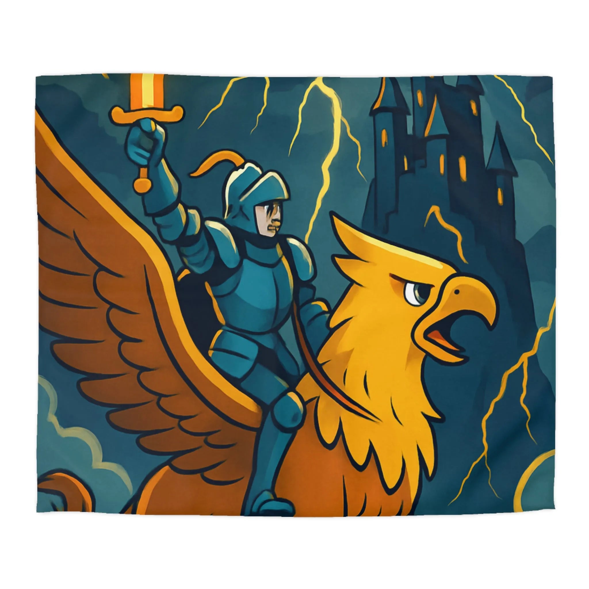 Housse de Couette Fantaisie avec Chevalier et Griffon Volant Devant Château Mystérieux