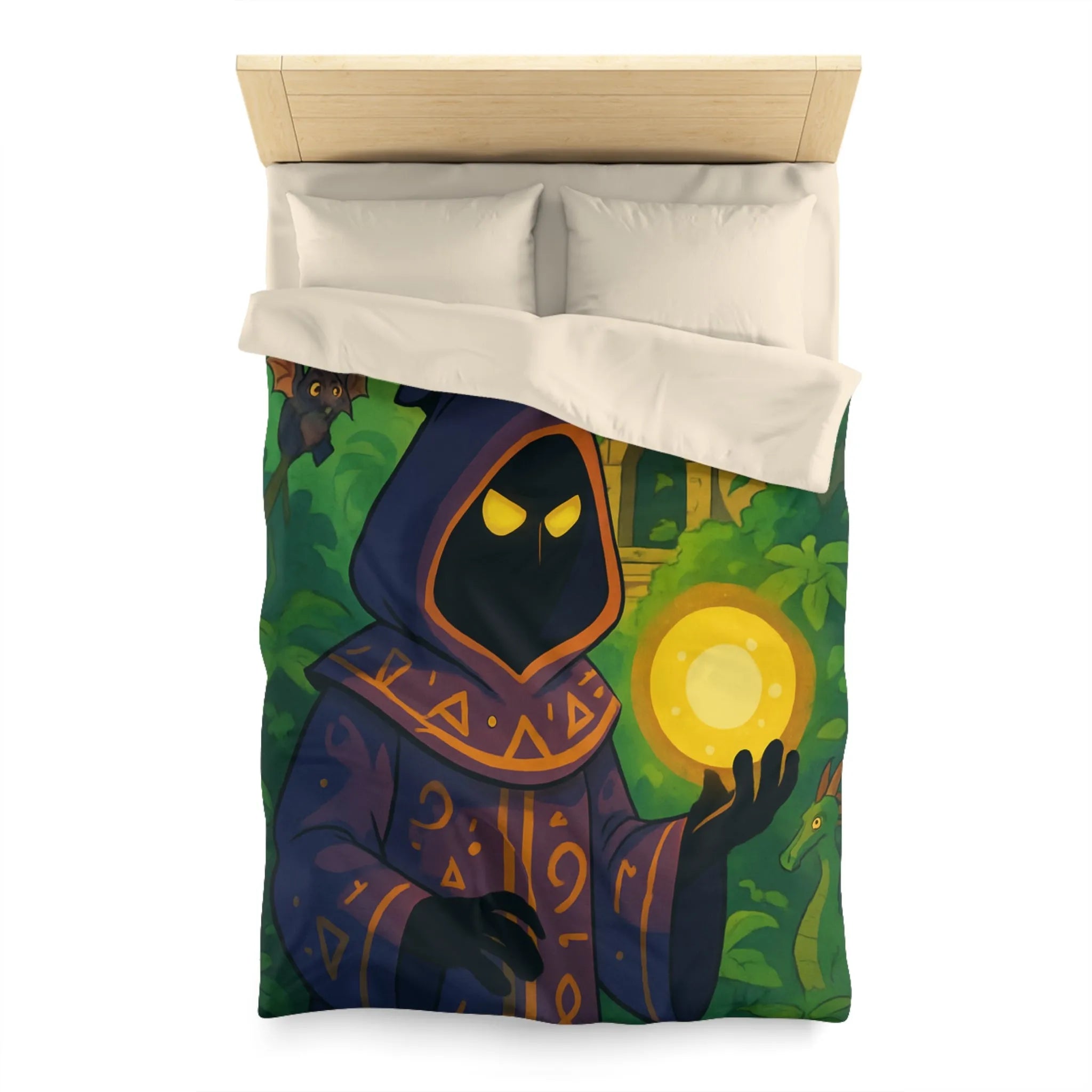 Housse de couette ambiance mystique avec mage sombre dans jungle énigmatique et temple ancien