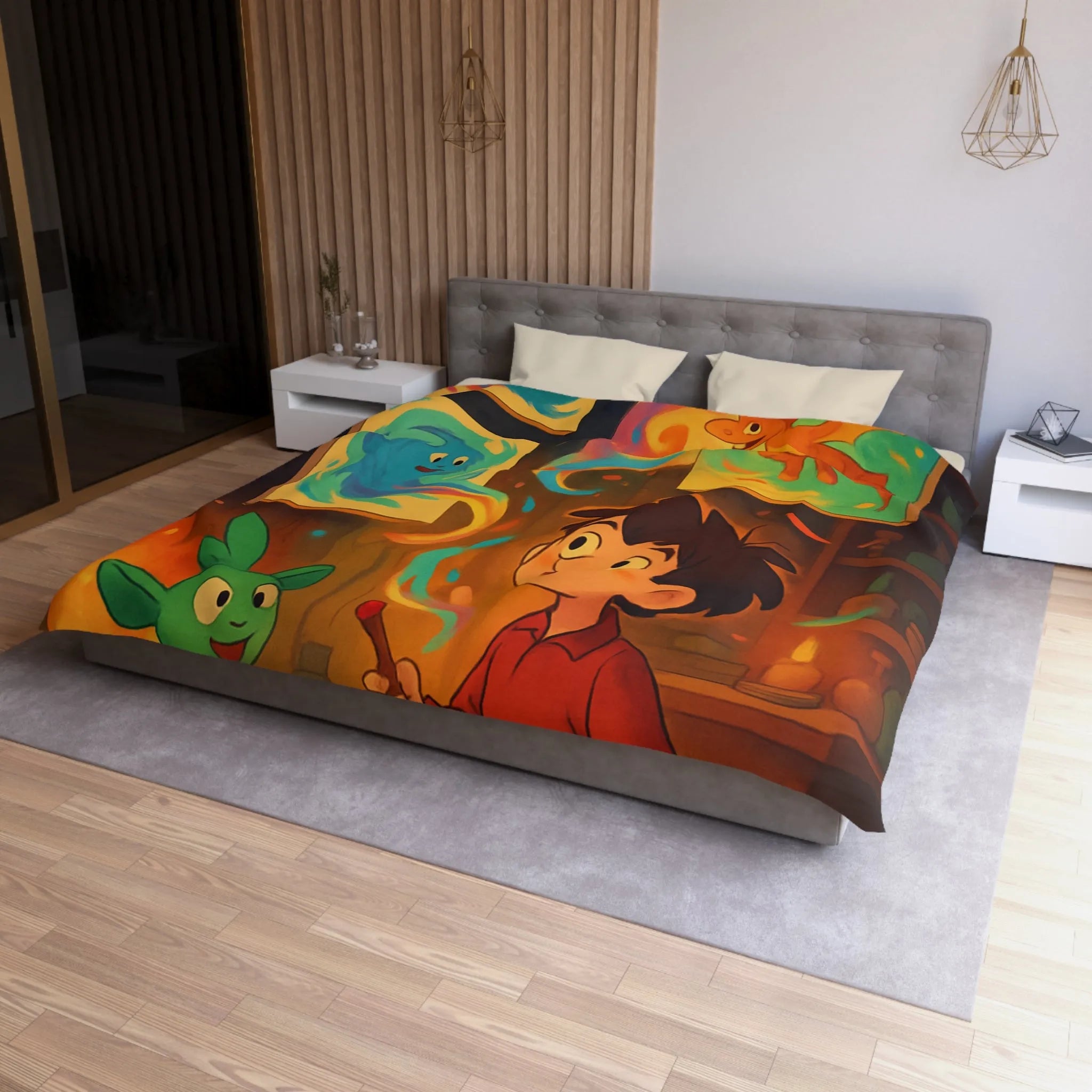 Housse de couette magique illustrant un artiste jeunesse avec créatures fantastiques et peintures lumineuses