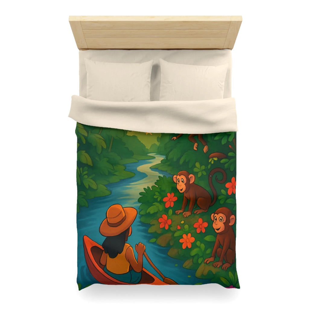 Housse de Couette Jungle avec Singes et Femme en Canot sur Rivière Tropicale