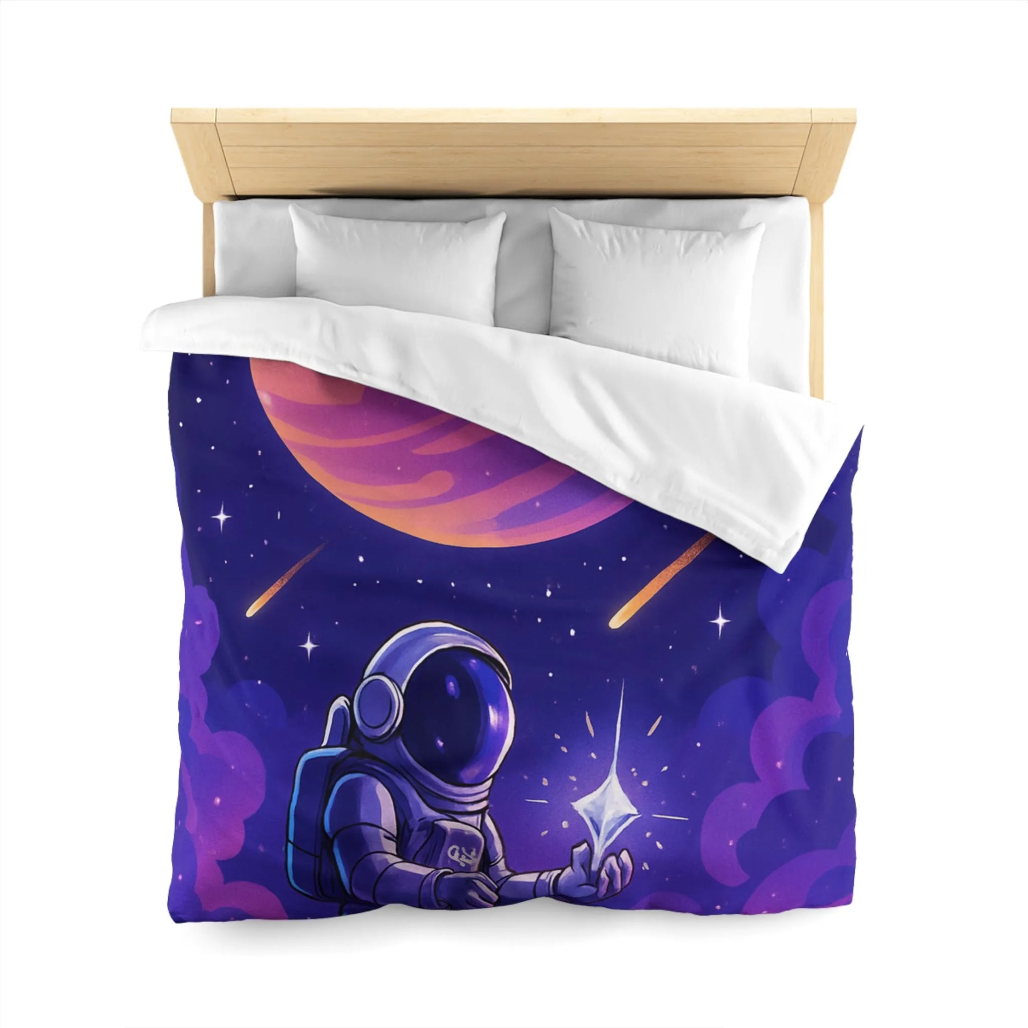 Housse de Couette Astronaute Galactique : Étoiles, Planète Rose, Ciel de Nuit Mystique