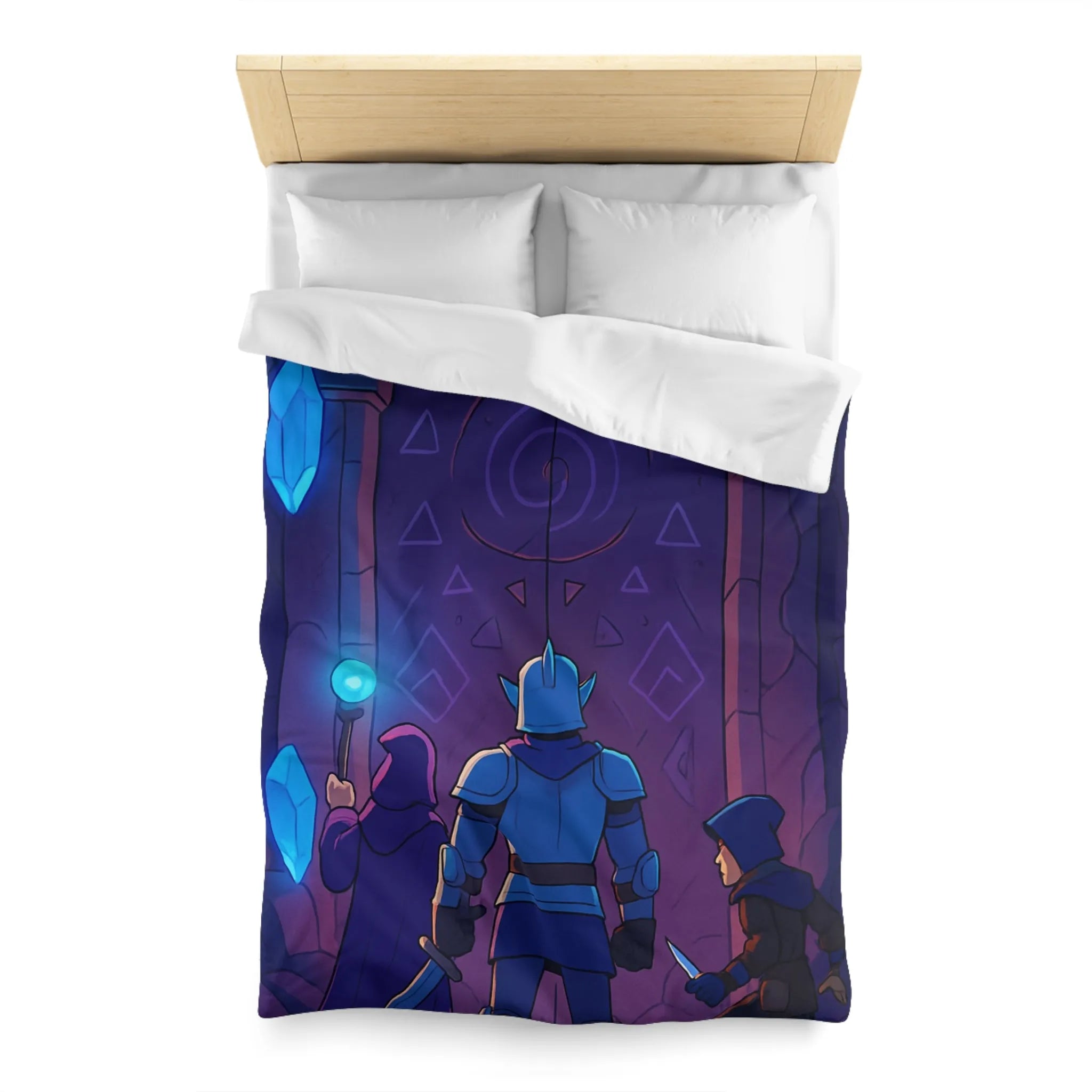 Housse de couette médiévale fantasy avec chevalier et magicien devant porte mystique