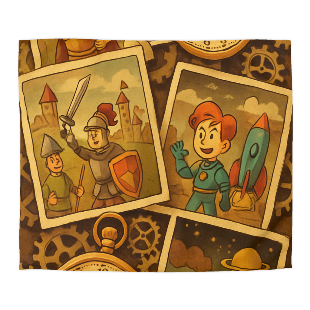 Housse de couette rétro avec horloges, conquérants et thème d'exploration spatiale et historique