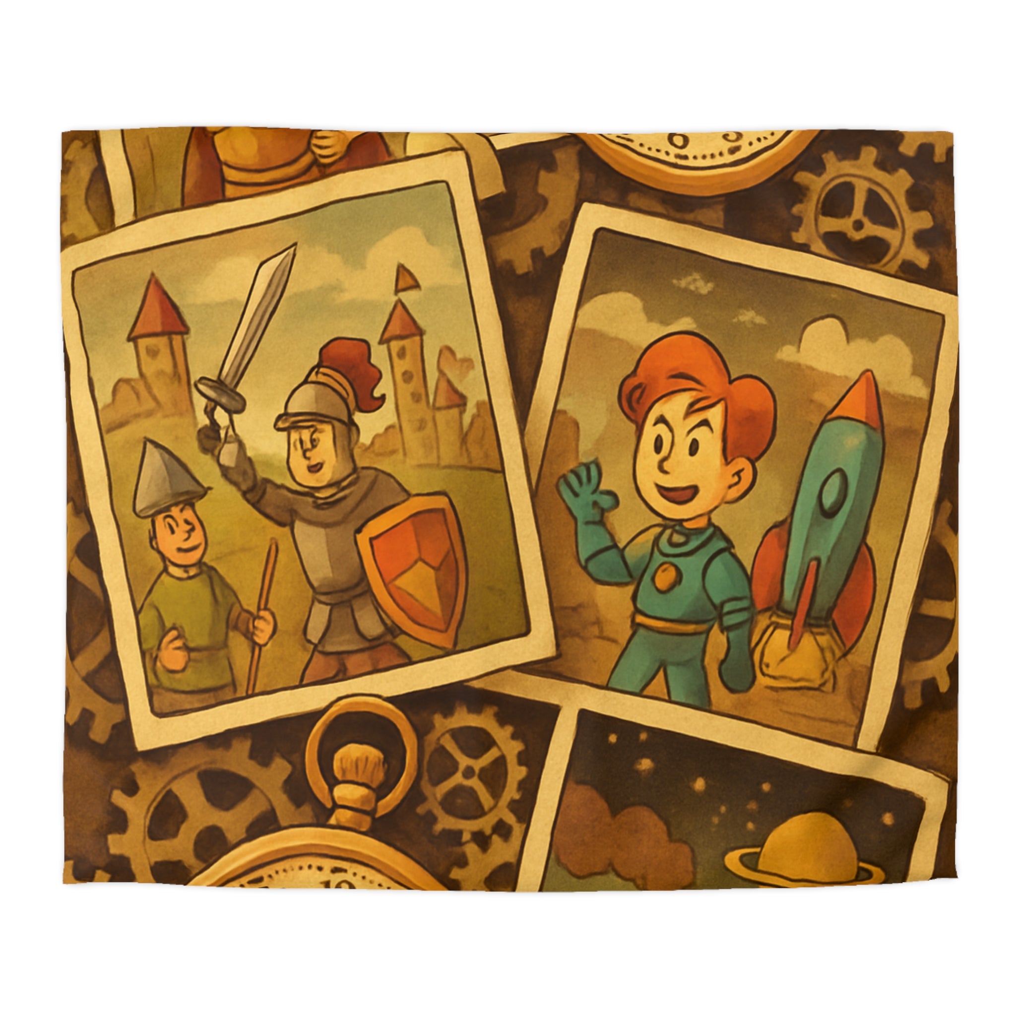 Housse de couette rétro avec horloges, conquérants et thème d'exploration spatiale et historique