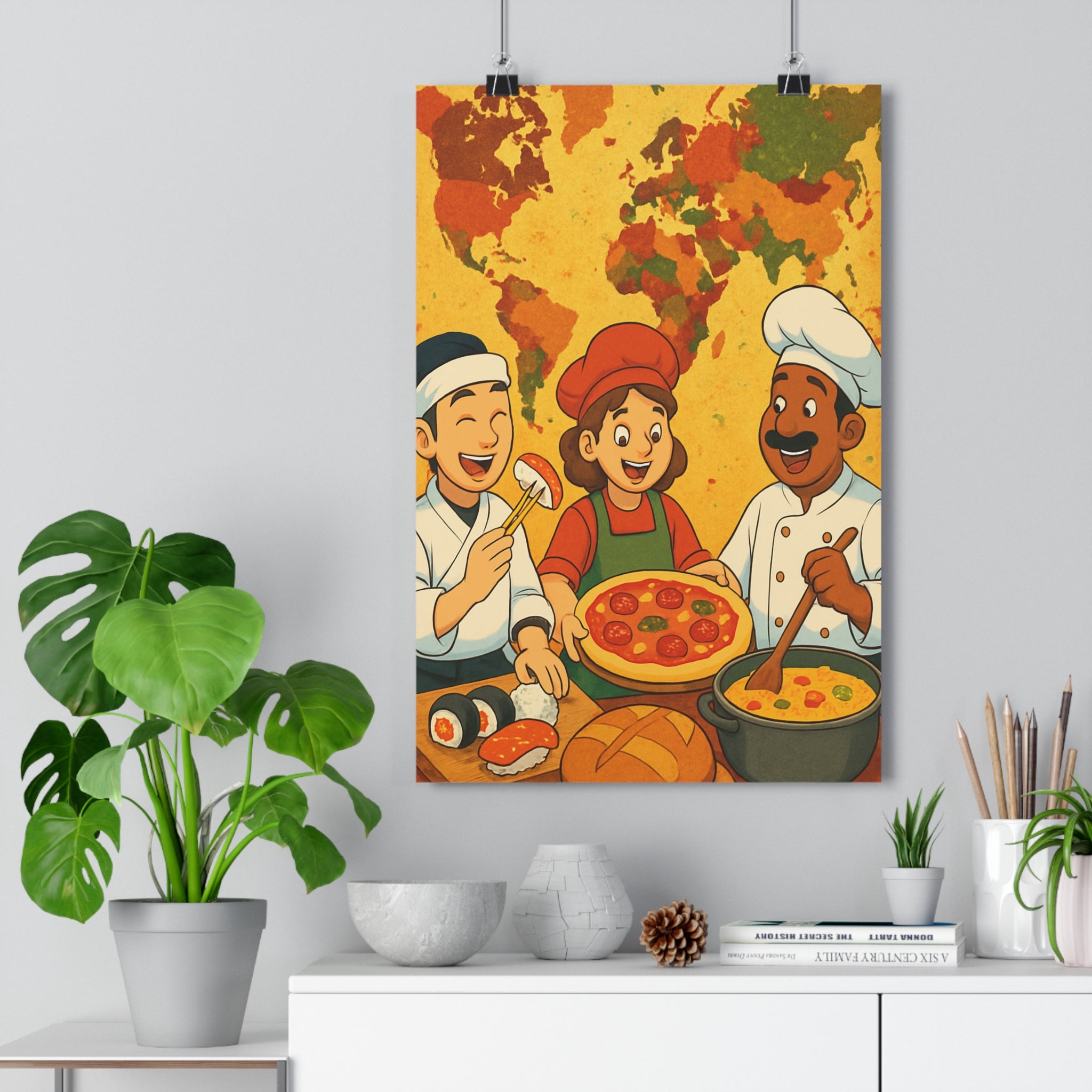 Poster décoratif vibrant cuisine coloré multiculturel joyeux festif moderne 30x46 chefs carte monde qualité