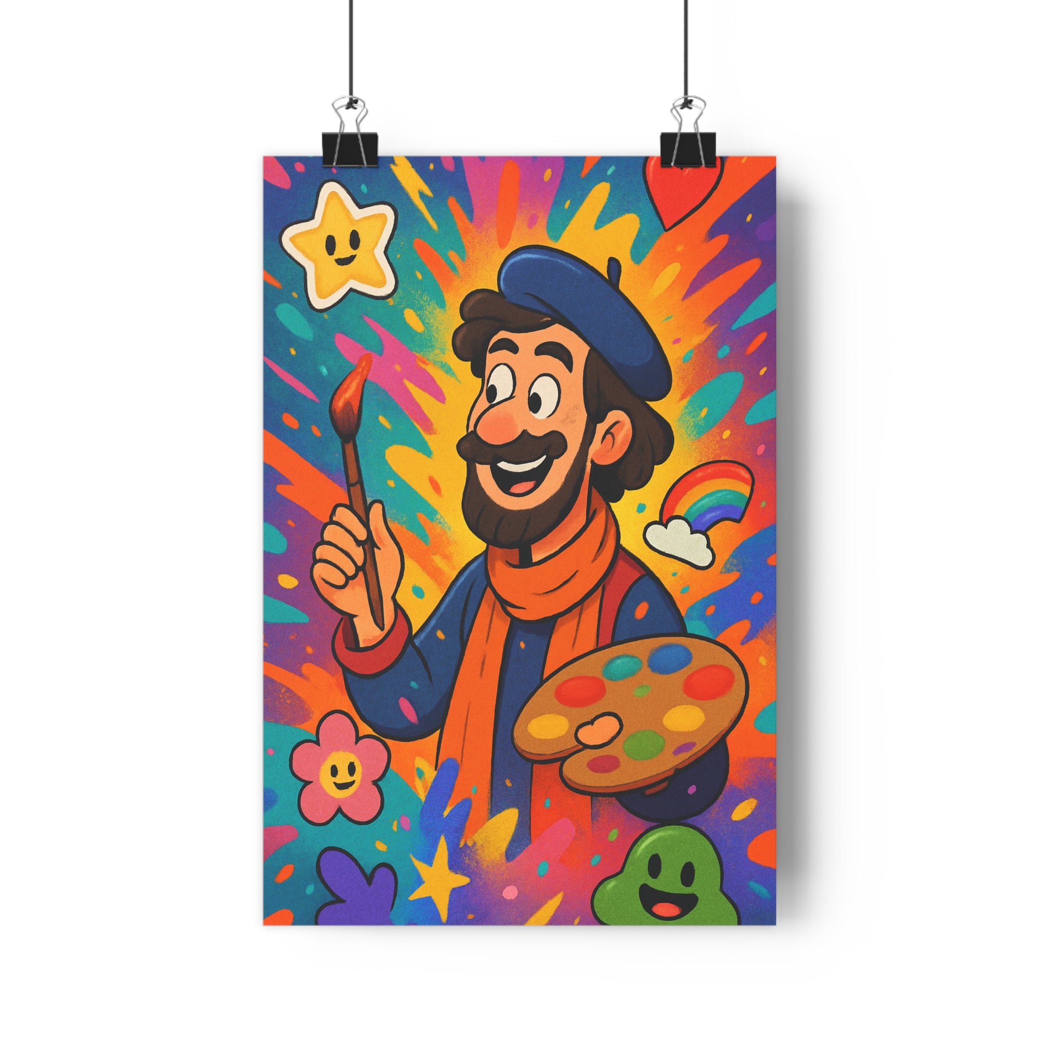 Poster décoratif cartoon joyeux multicolore bleu orange salon enfant ludique artiste dynamique tendance éclatant