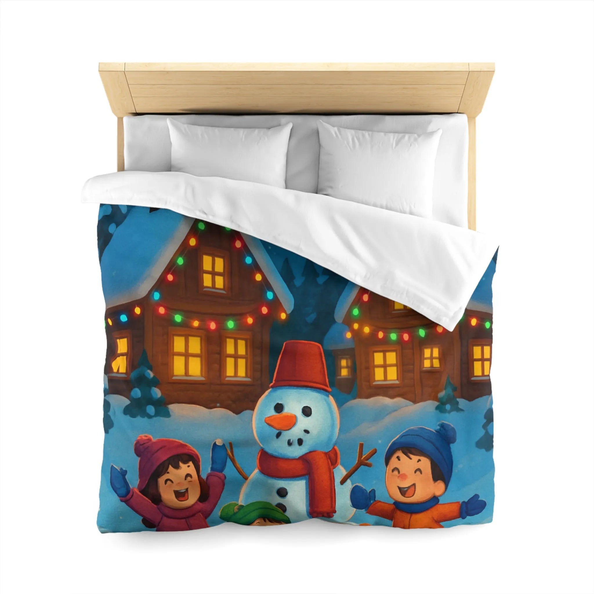 Housse de couette enfants avec design joyeux d'hiver, neige et cabanes éclairées
