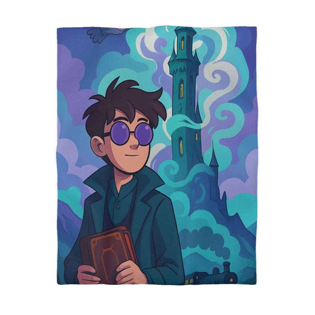 Housse de couette mystérieuse illustrant tour magique, train vapeur et hibou volant