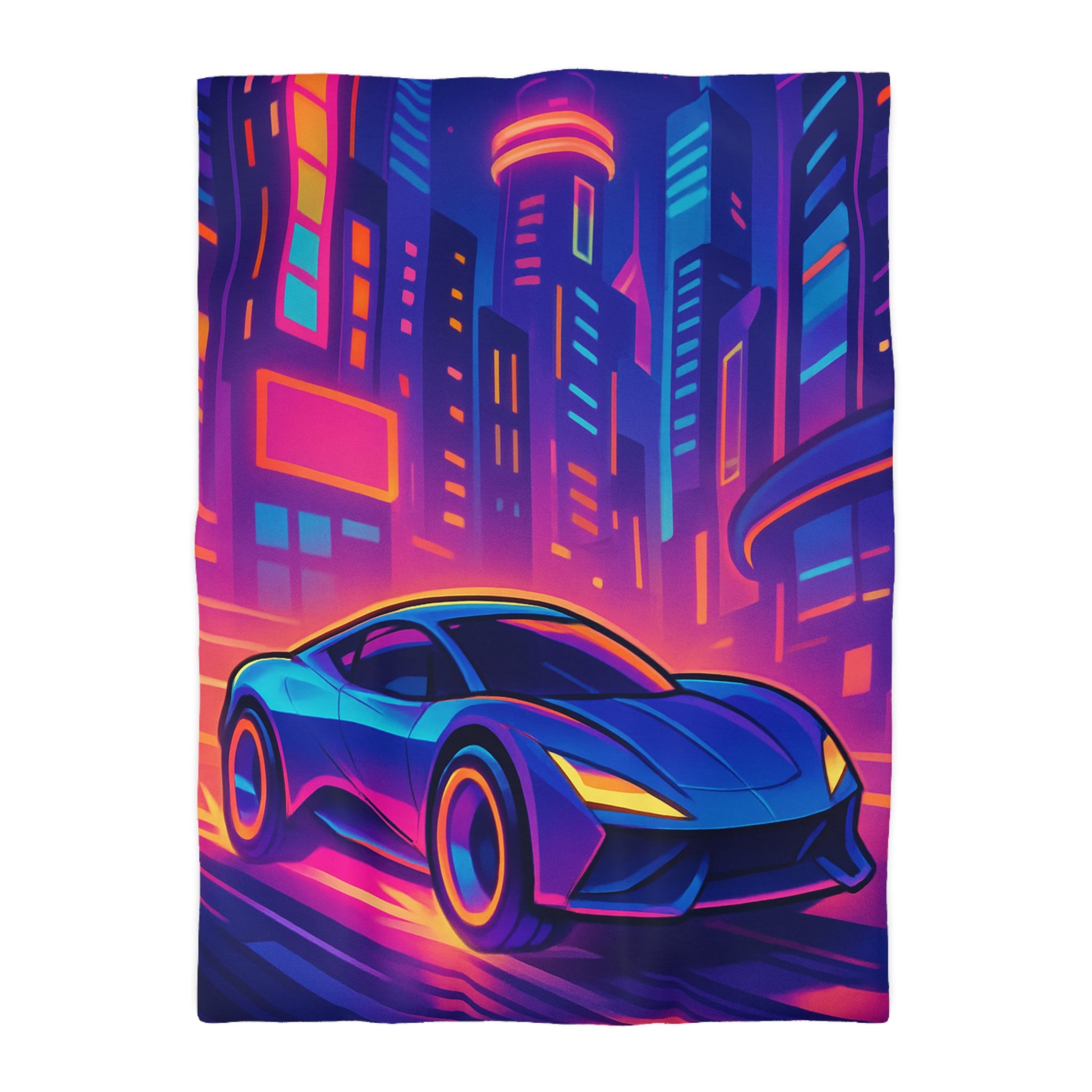 Housse de couette voiture néon sur fond de ville futuriste aux couleurs vibrantes